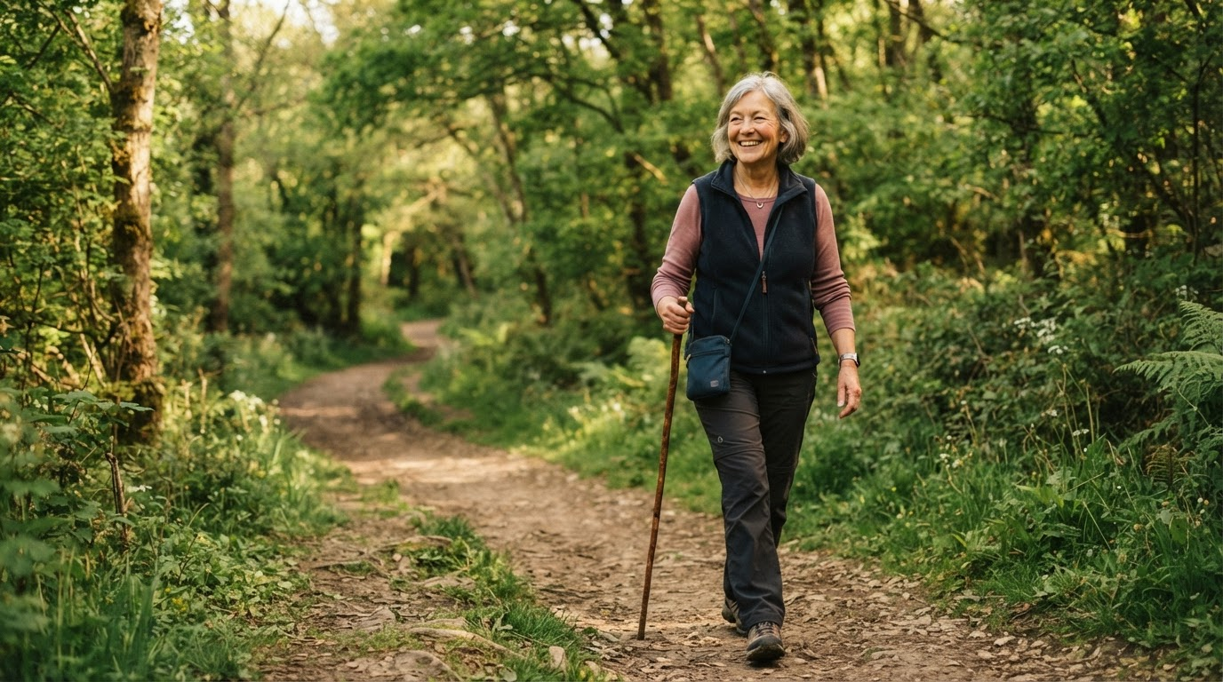 Active older woman walking outdoors on a nature path, smiling