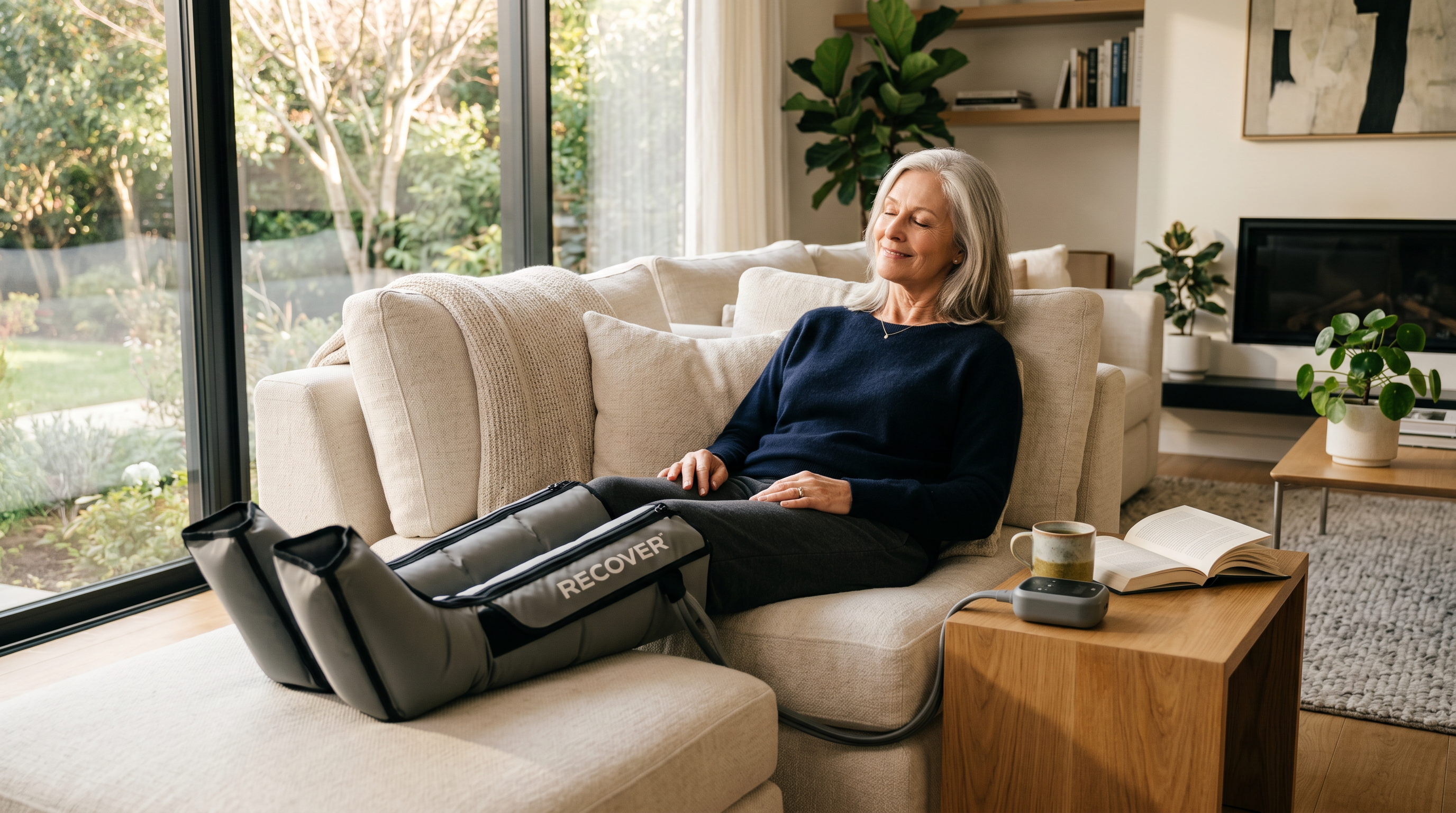 Older adult relaxing at home with the sleek QUINEAR recovery system