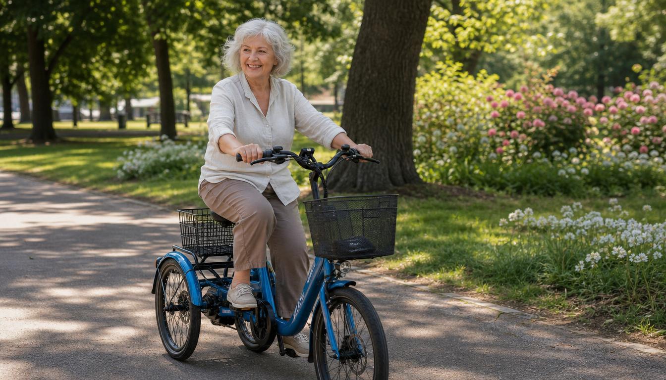 Senior woman riding the Mooncool TK1 on a park path