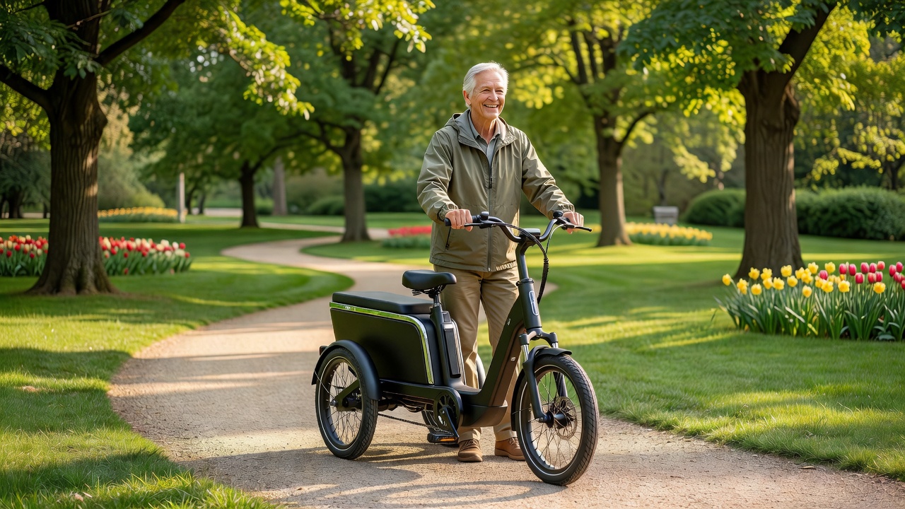 A modern electric tricycle in a beautiful park setting, representing active outdoor freedom.