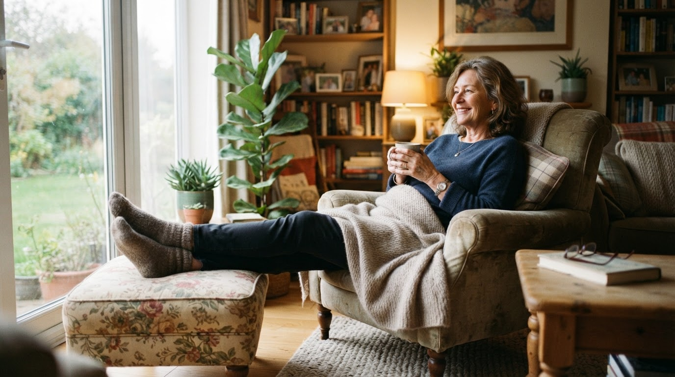 Older woman relaxing with legs elevated on an ottoman at home