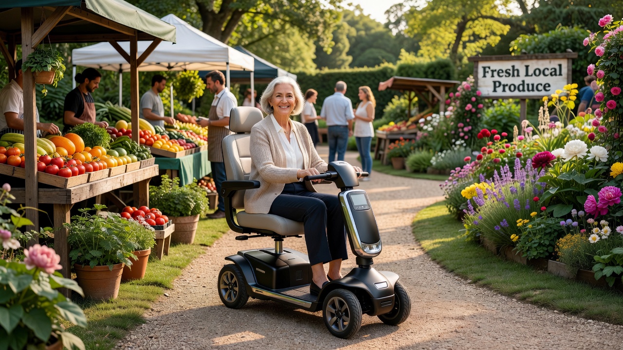 A smiling woman sitting on a modern mobility scooter at a market