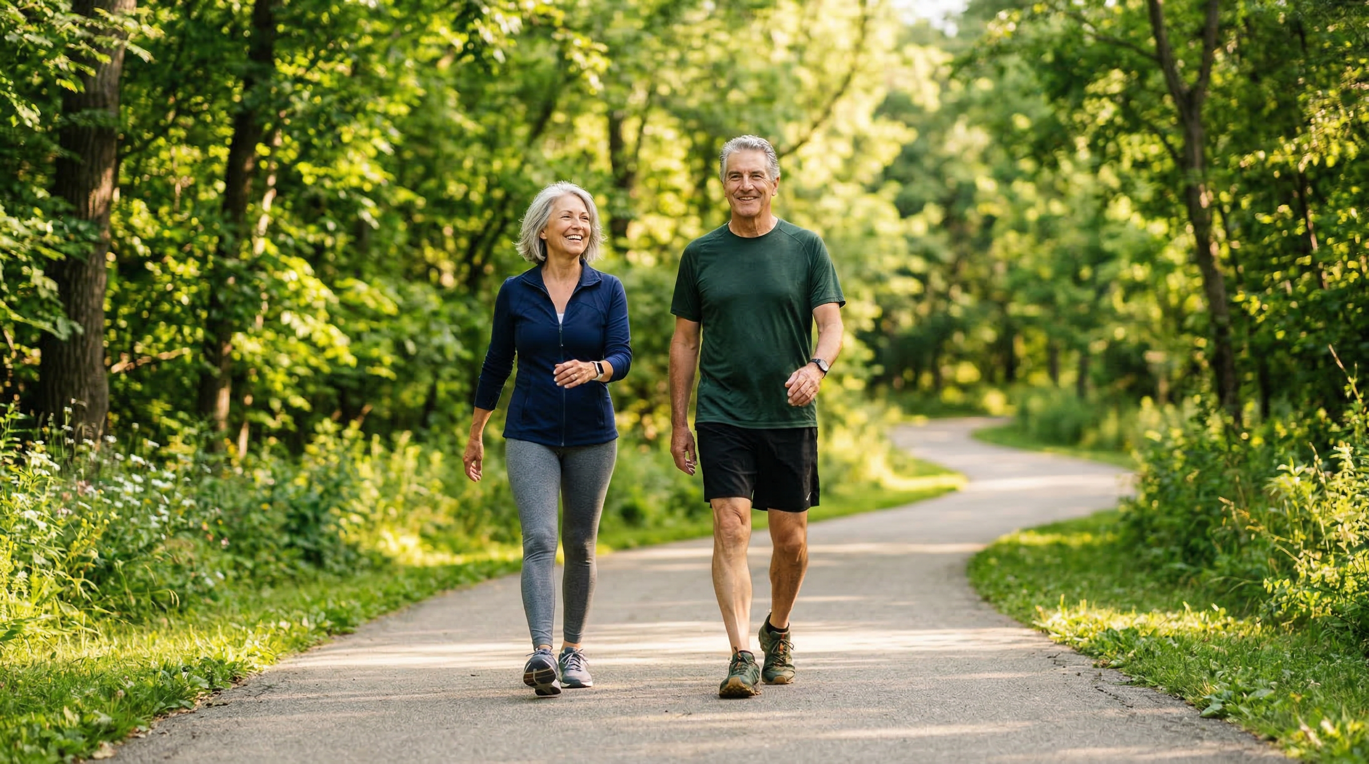 An active senior couple walking together on a beautiful nature path