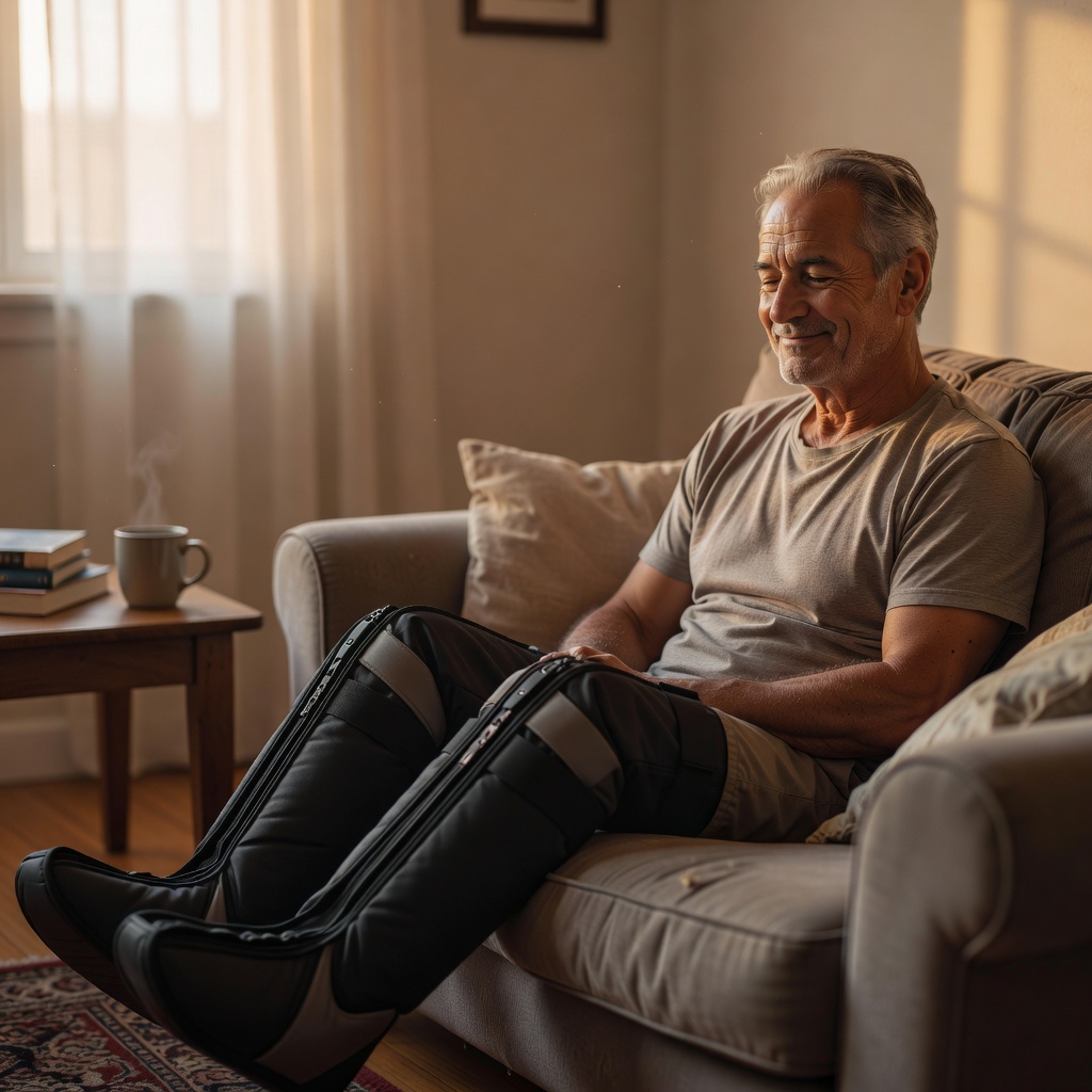 A man in his 60s relaxing on a couch with compression recovery boots on his legs after a long walk