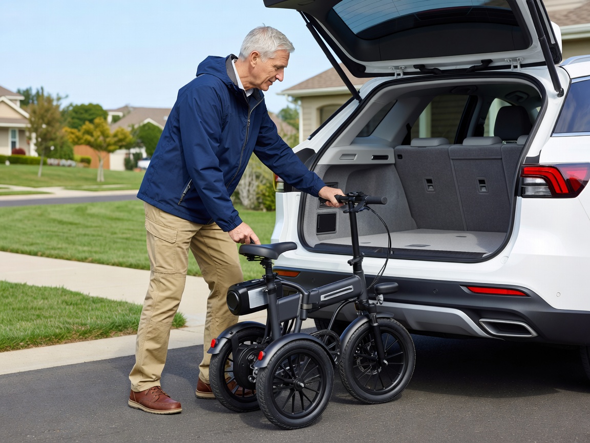 Folding electric trike being loaded into an SUV trunk.