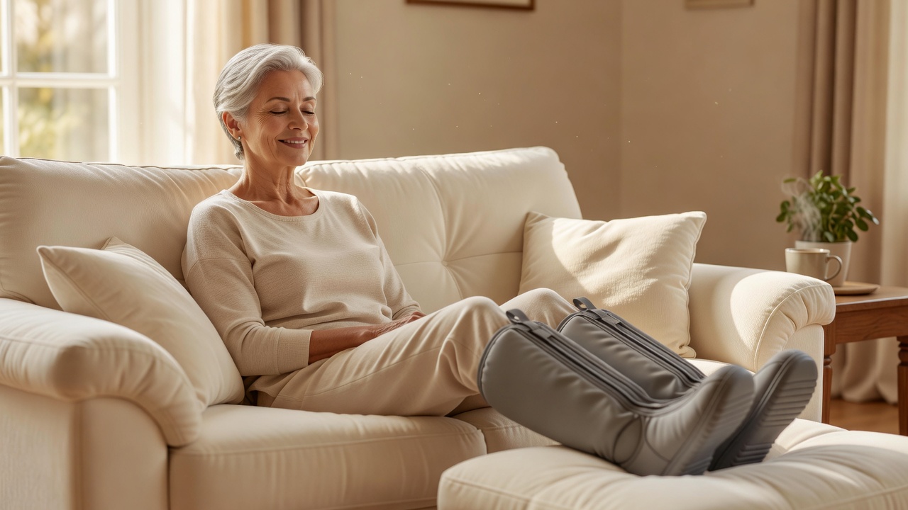 An older woman sitting comfortably with compression boots on her legs