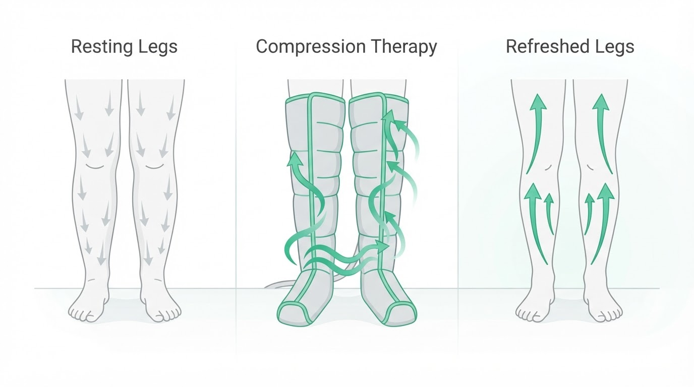 Three-panel diagram showing sequential compression therapy — fluid settling, boots pumping upward, legs feeling light and refreshed
