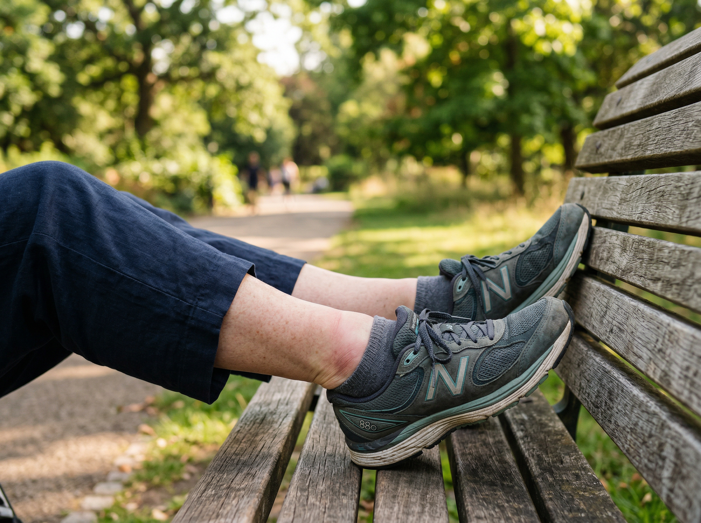 Older adult resting on a park bench with swollen feet and ankles after walking