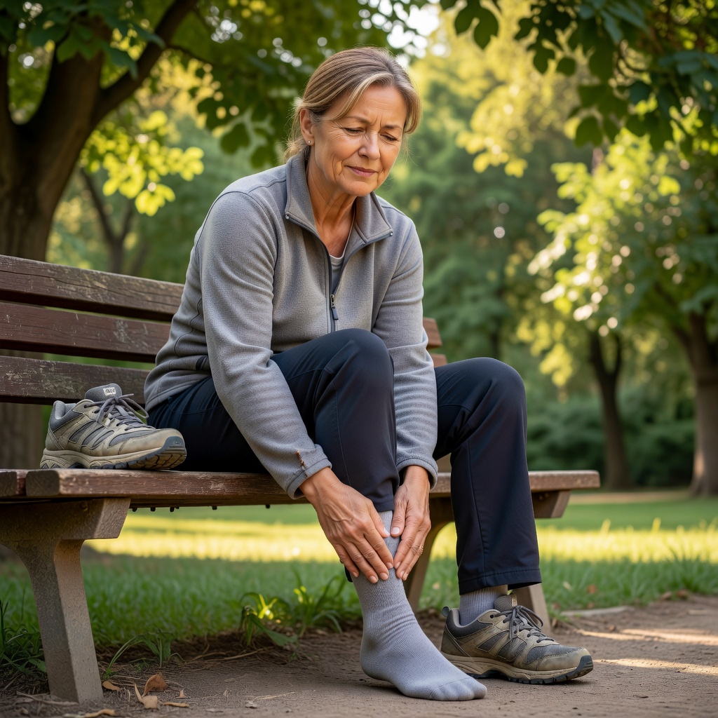 Woman resting on a park bench during a walk.