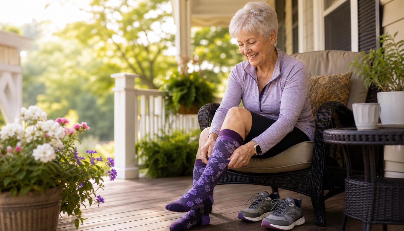 Older woman sitting comfortably pulling on a pair of high-quality compression socks