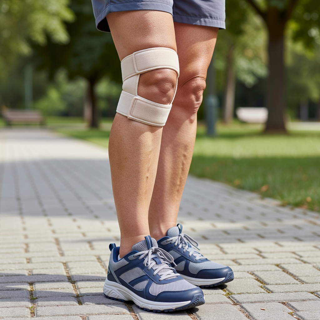 Close up of a senior person's knee with a patella support strap on a park path
