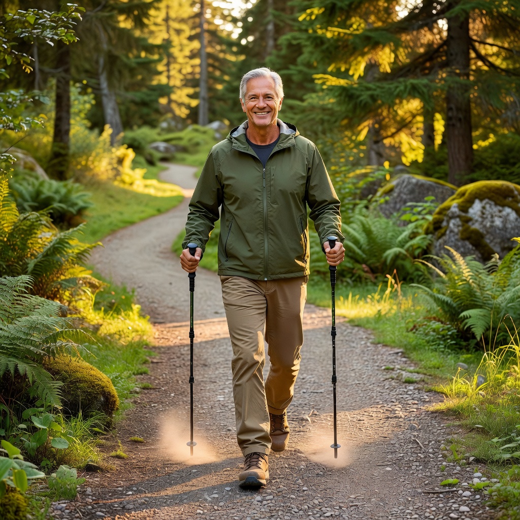Older adult in their 60s walking confidently outdoors using walking poles