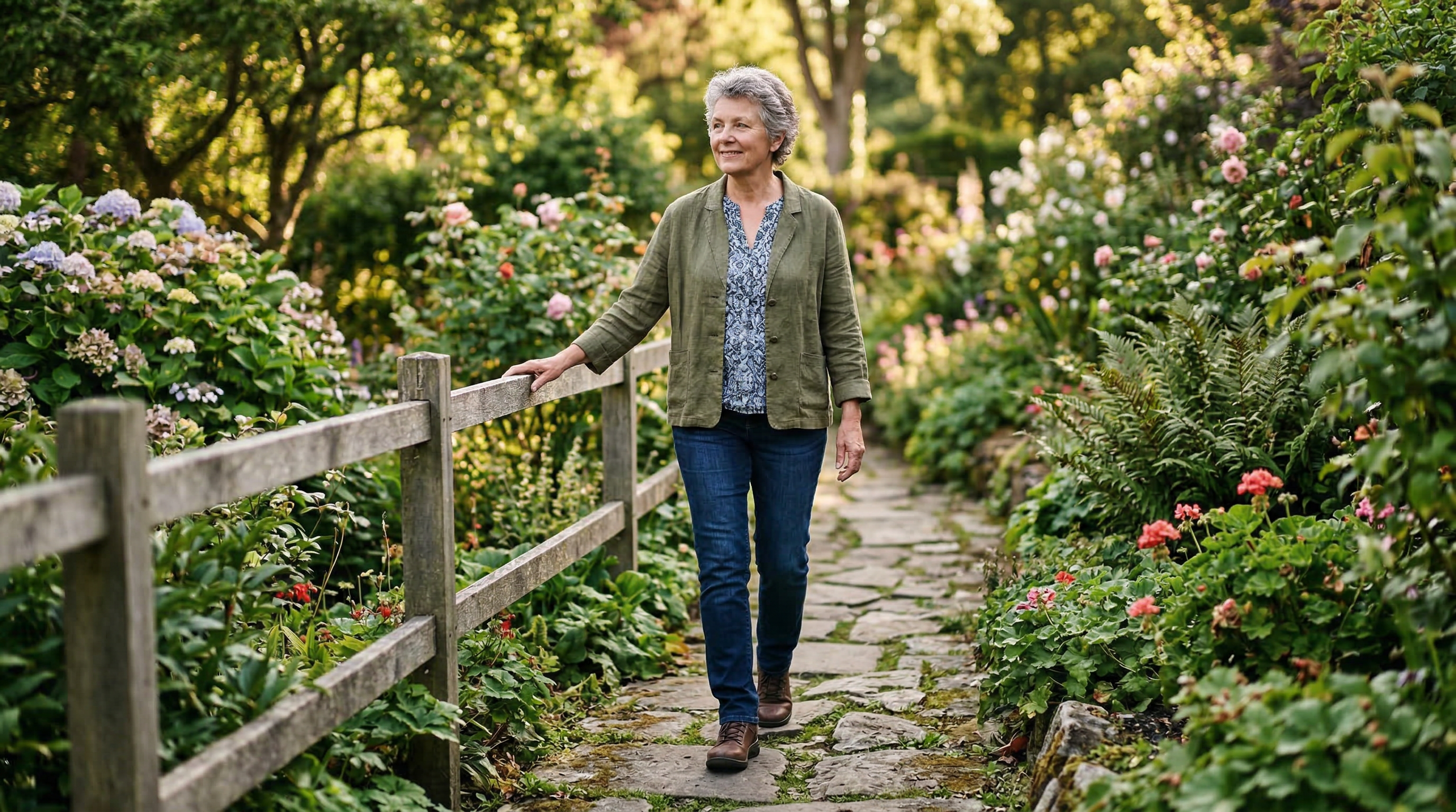 An active senior woman walking carefully on a beautiful stone path