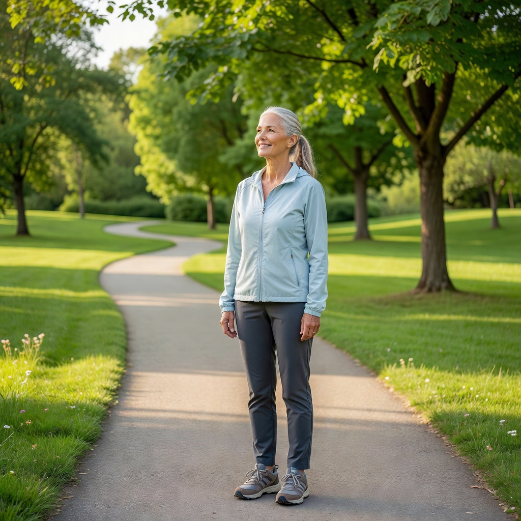 An active senior taking a refreshed standing break on a park path