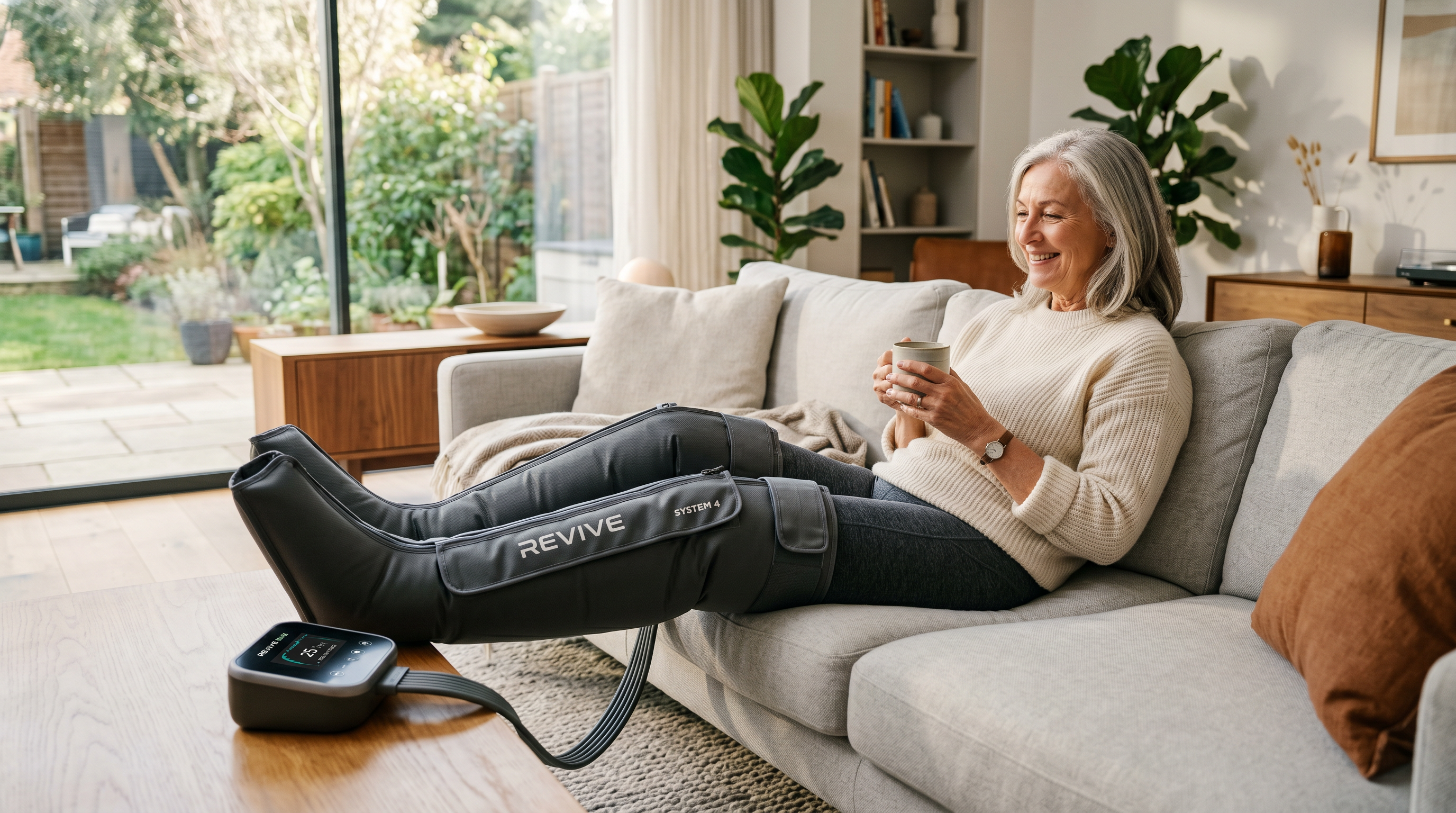 Active older woman relaxing at home using premium compression boots