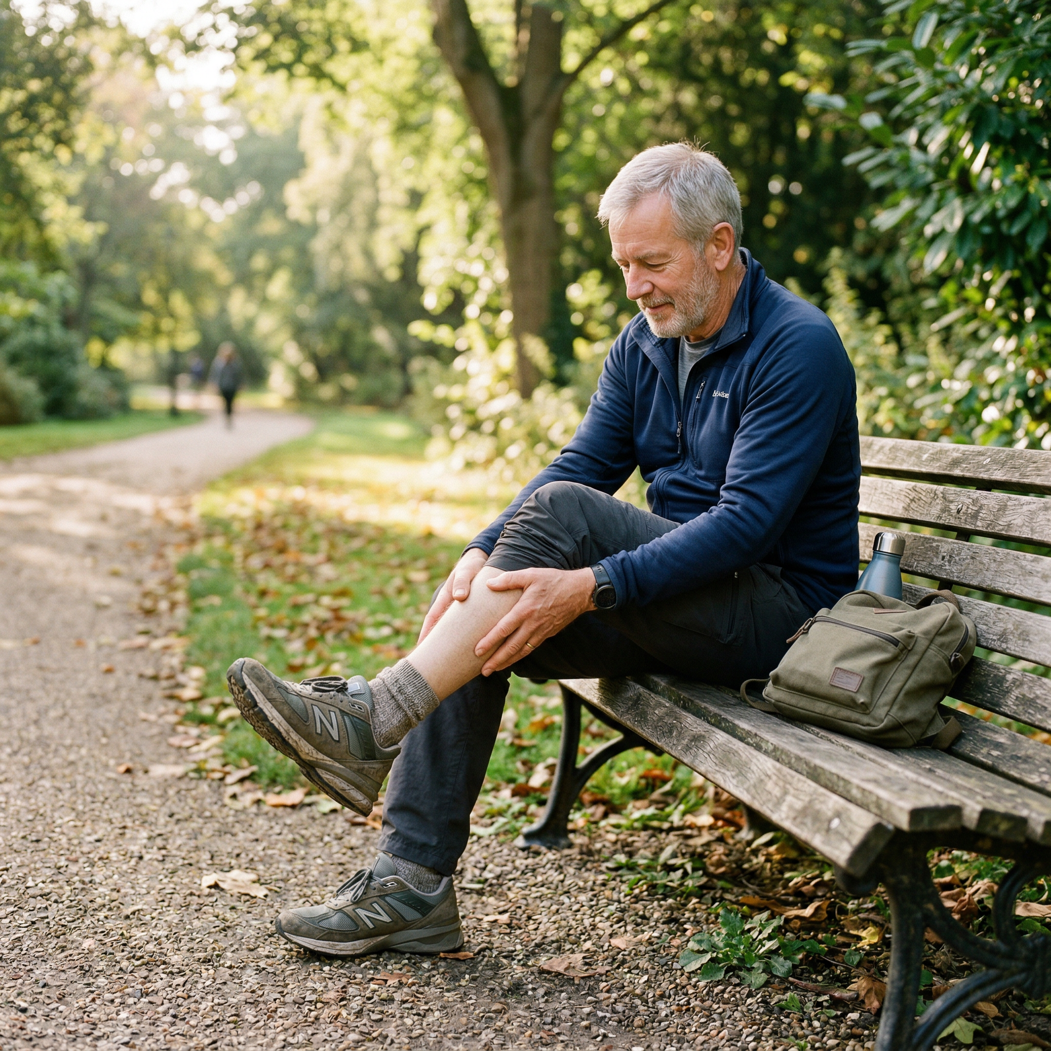 Mature person sitting on a park bench rubbing their aching lower legs