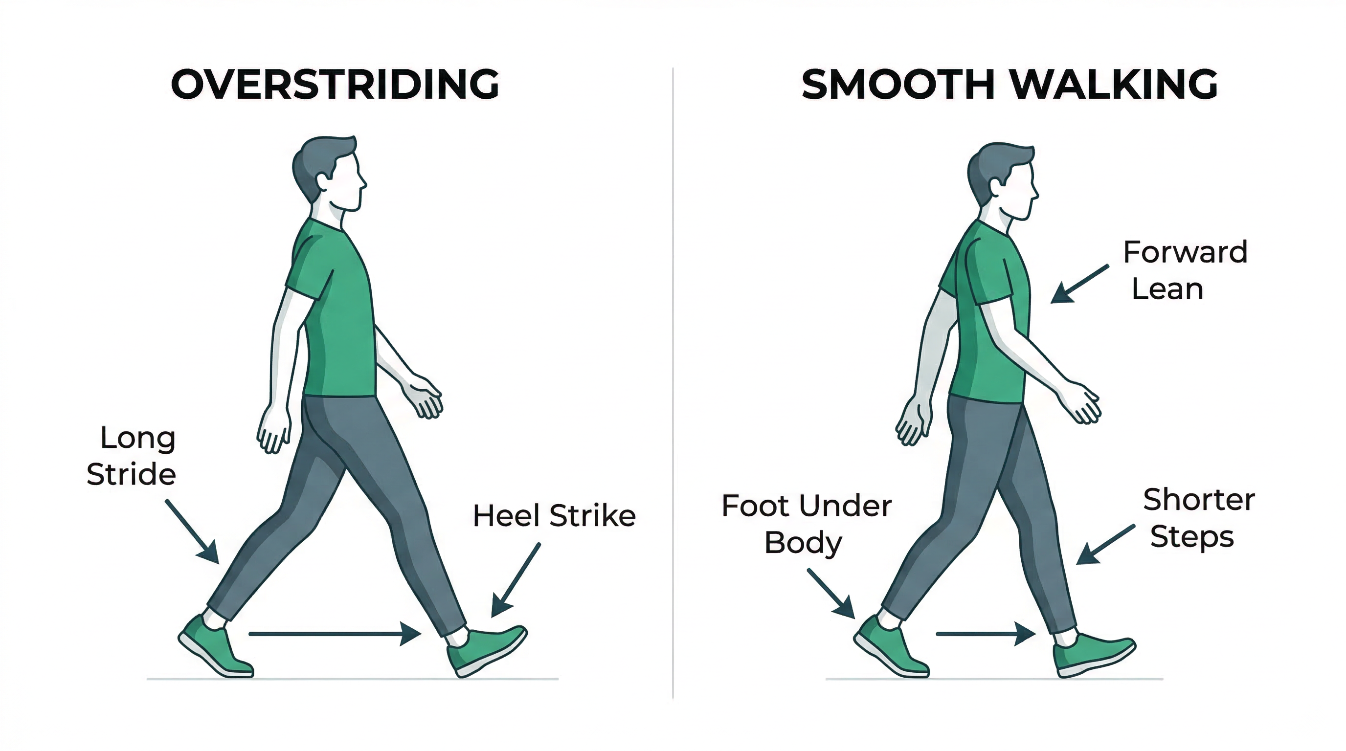 Educational diagram comparing overstriding walking style versus smooth walking with shorter steps and foot landing under the body