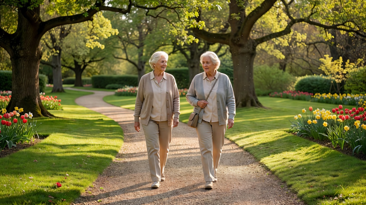 Two women walking together in a park, showing the effort of keeping up