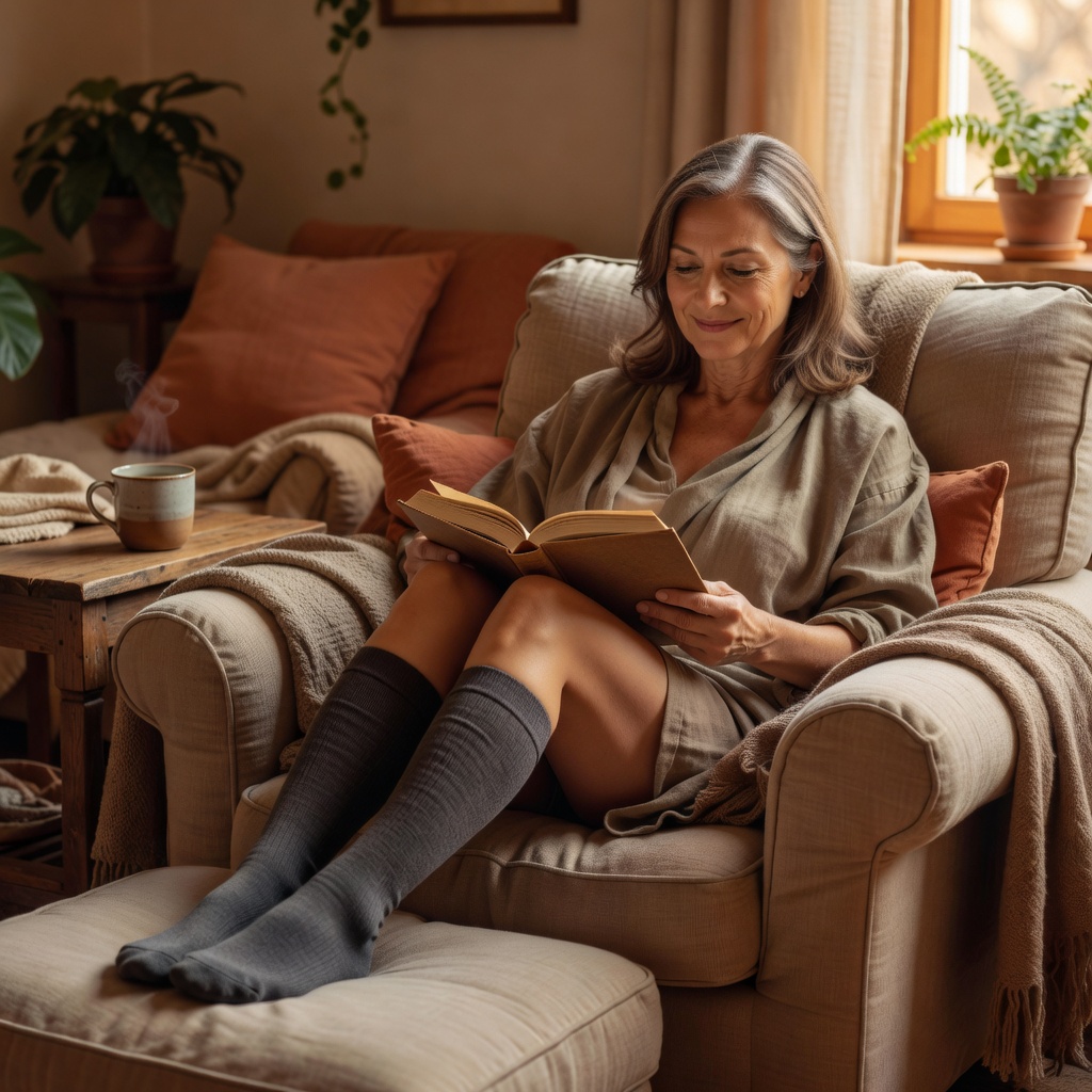 A woman in her 50s relaxing in an armchair at home wearing compression socks after a walk
