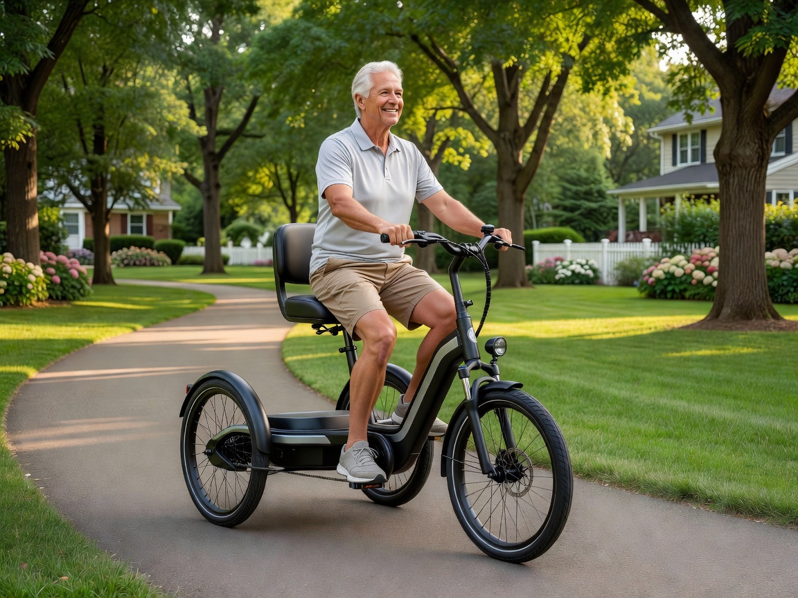 Person riding an electric tricycle on a bike path, demonstrating stability.