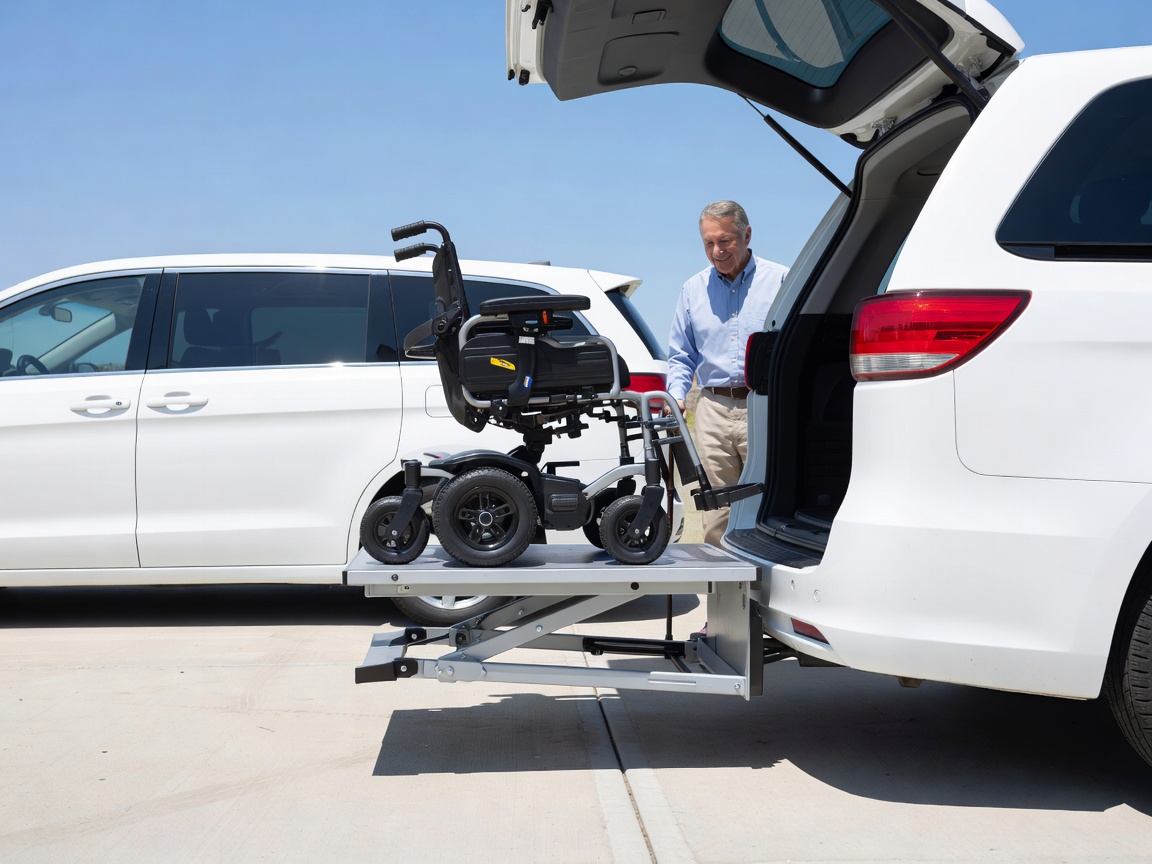 A power chair being loaded onto a vehicle lift.