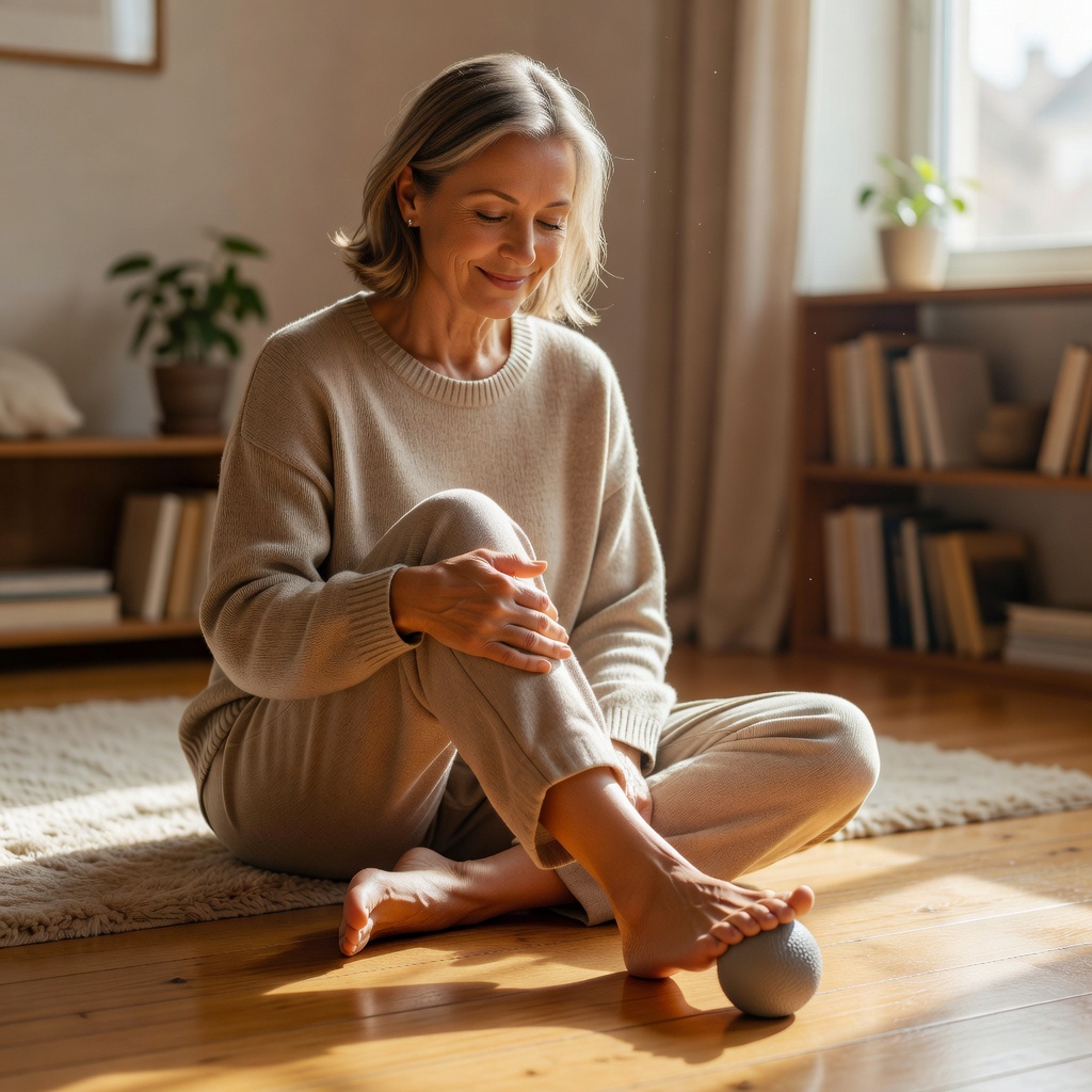 A person in their 50s rolling their foot over a massage ball at home to relieve foot tension