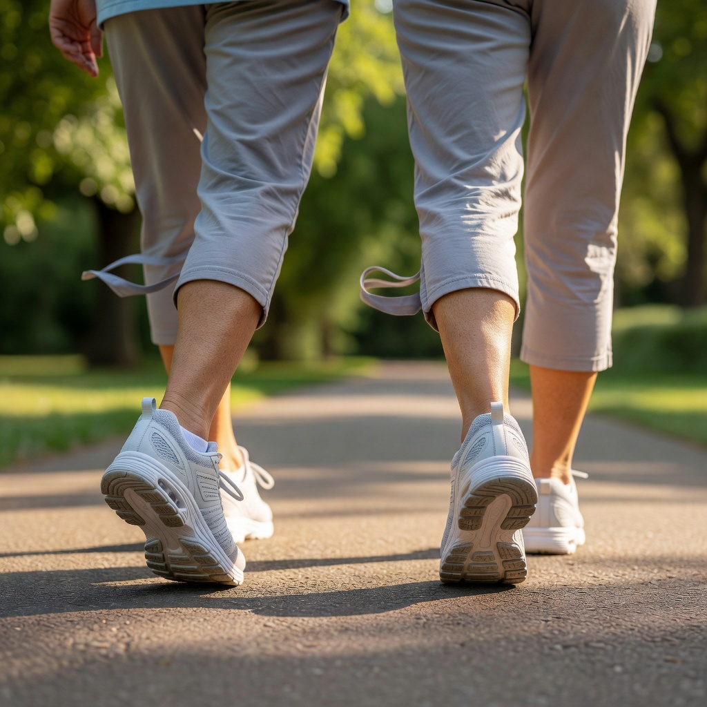 Close-up of a couple's feet in supportive walking shoes on a sunny park path