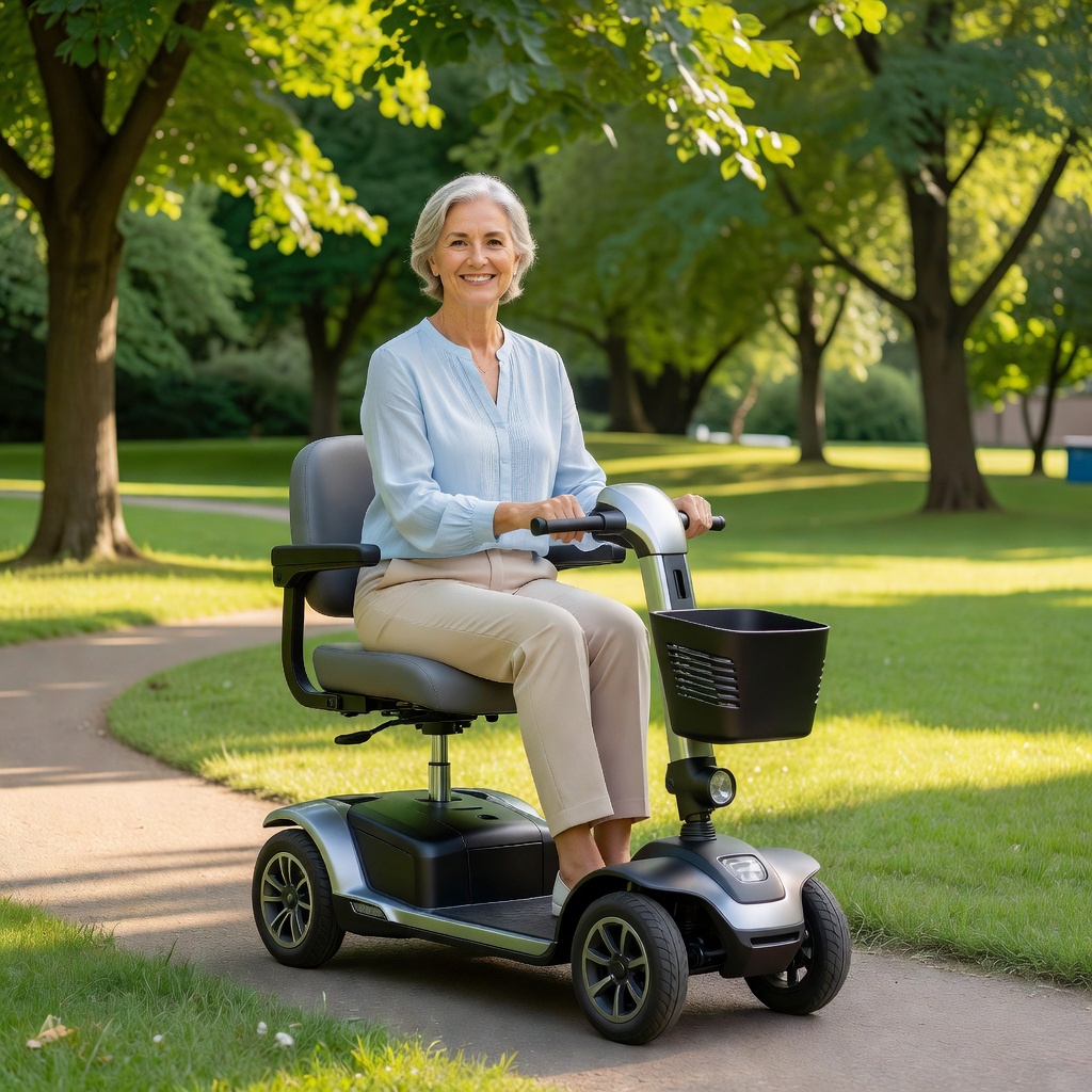 An active woman smiling while using a modern mobility scooter in a sunny park