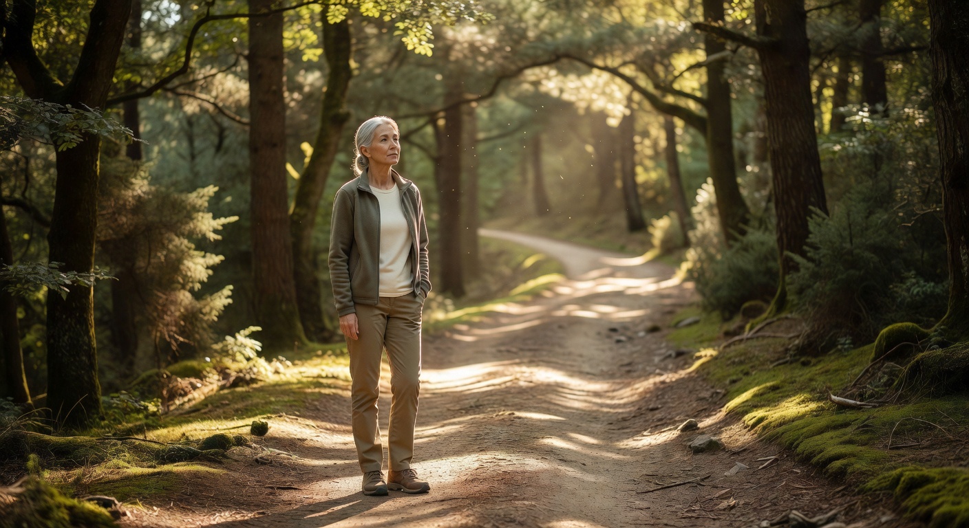 Woman pausing during a walk on a wooded path, looking ahead reflectively.