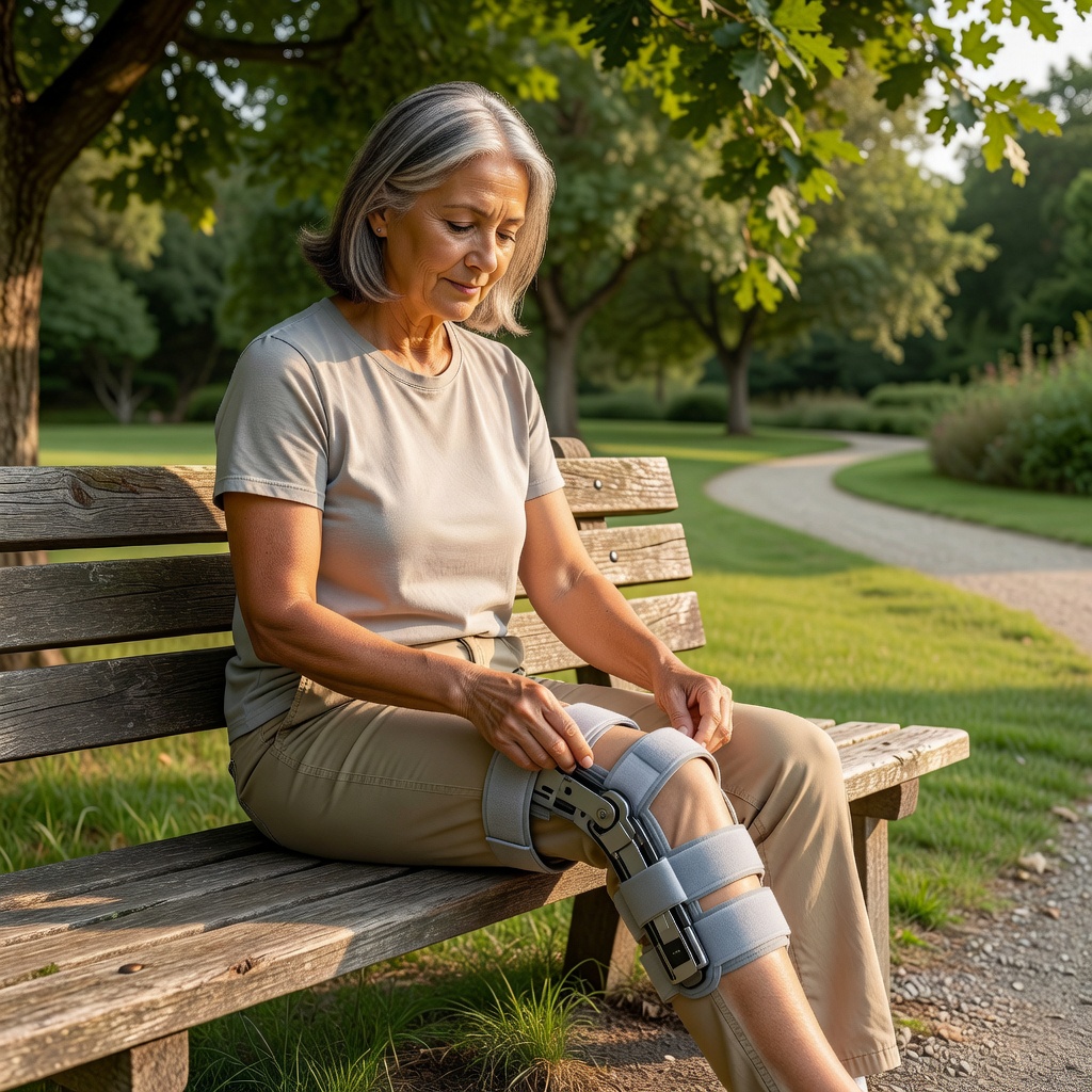 Person in their 60s adjusting a knee brace on a park bench before a walk