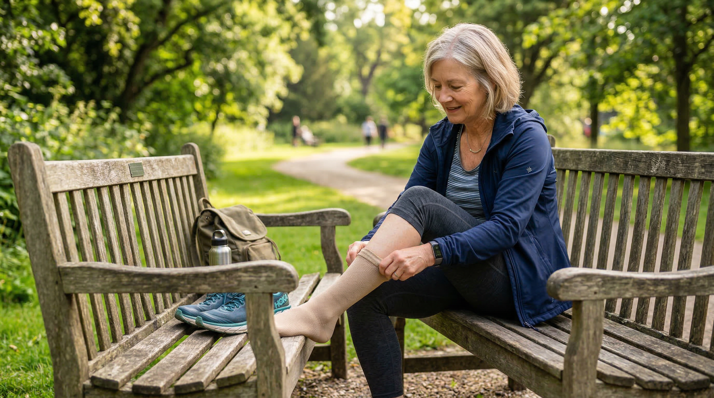 An active adult sitting on a bench putting on compression socks