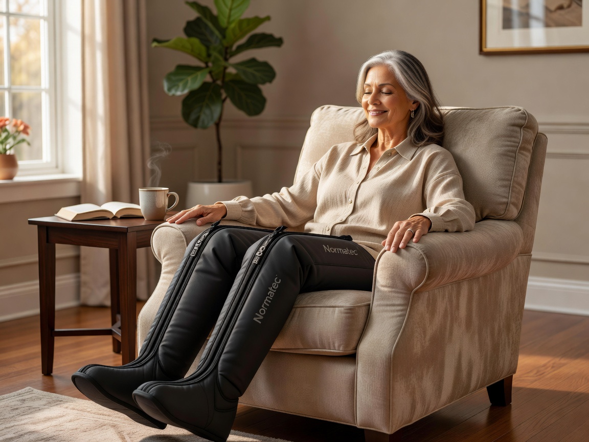 Active senior woman relaxing while using Normatec Elite full-leg compression boots