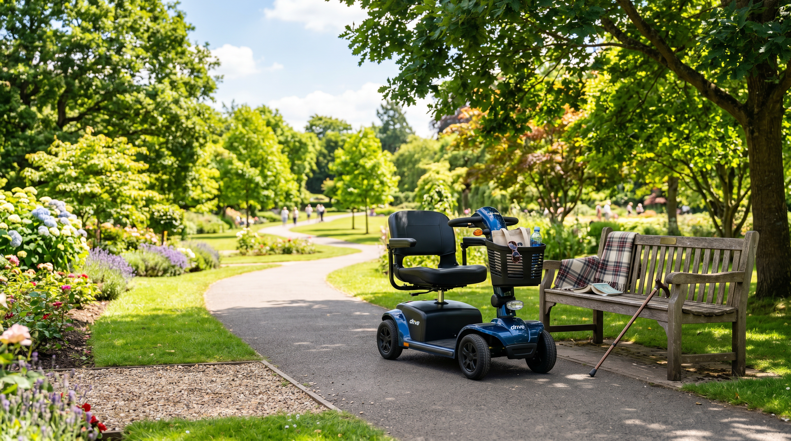 A stable mobility scooter parked in a park.