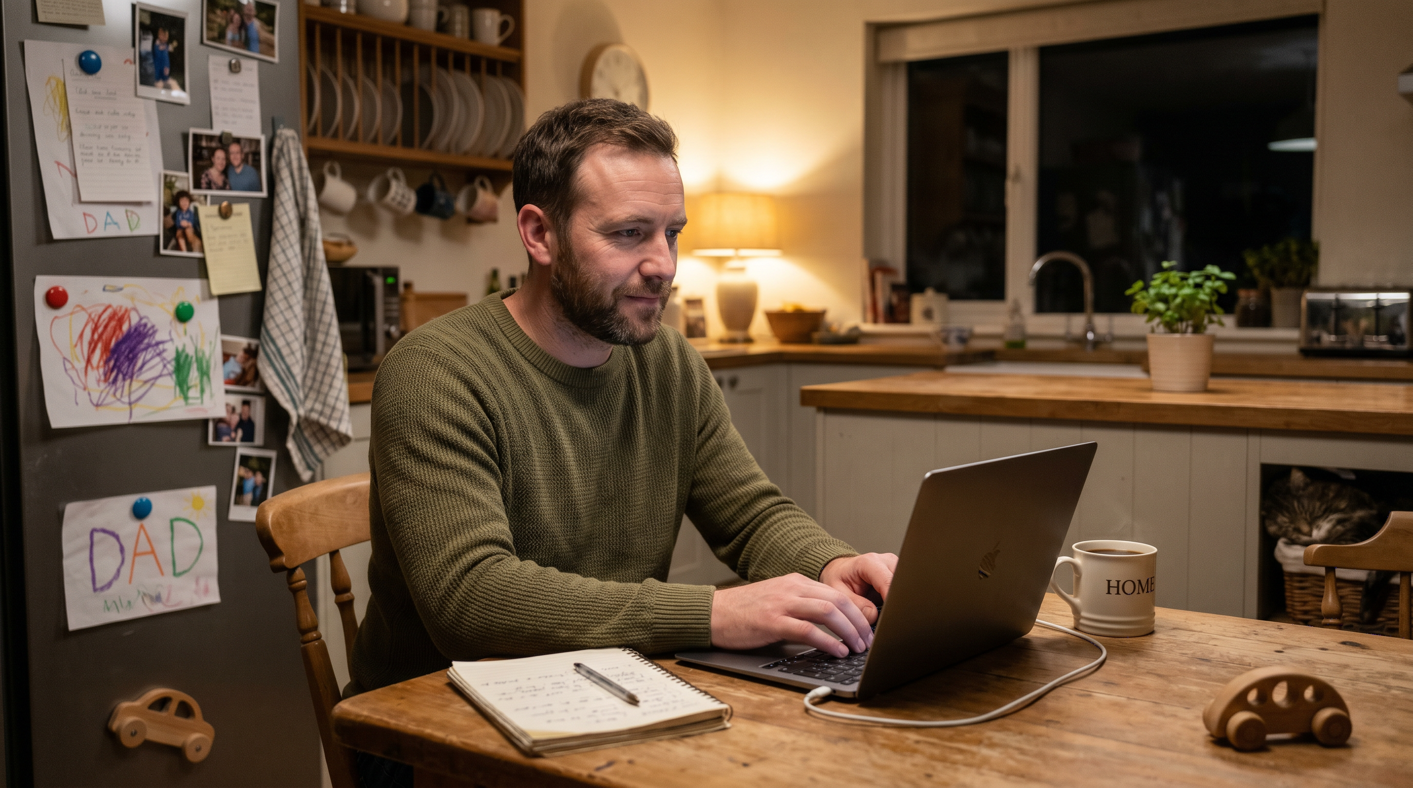 A working parent focused on a laptop at a kitchen table during a quiet evening