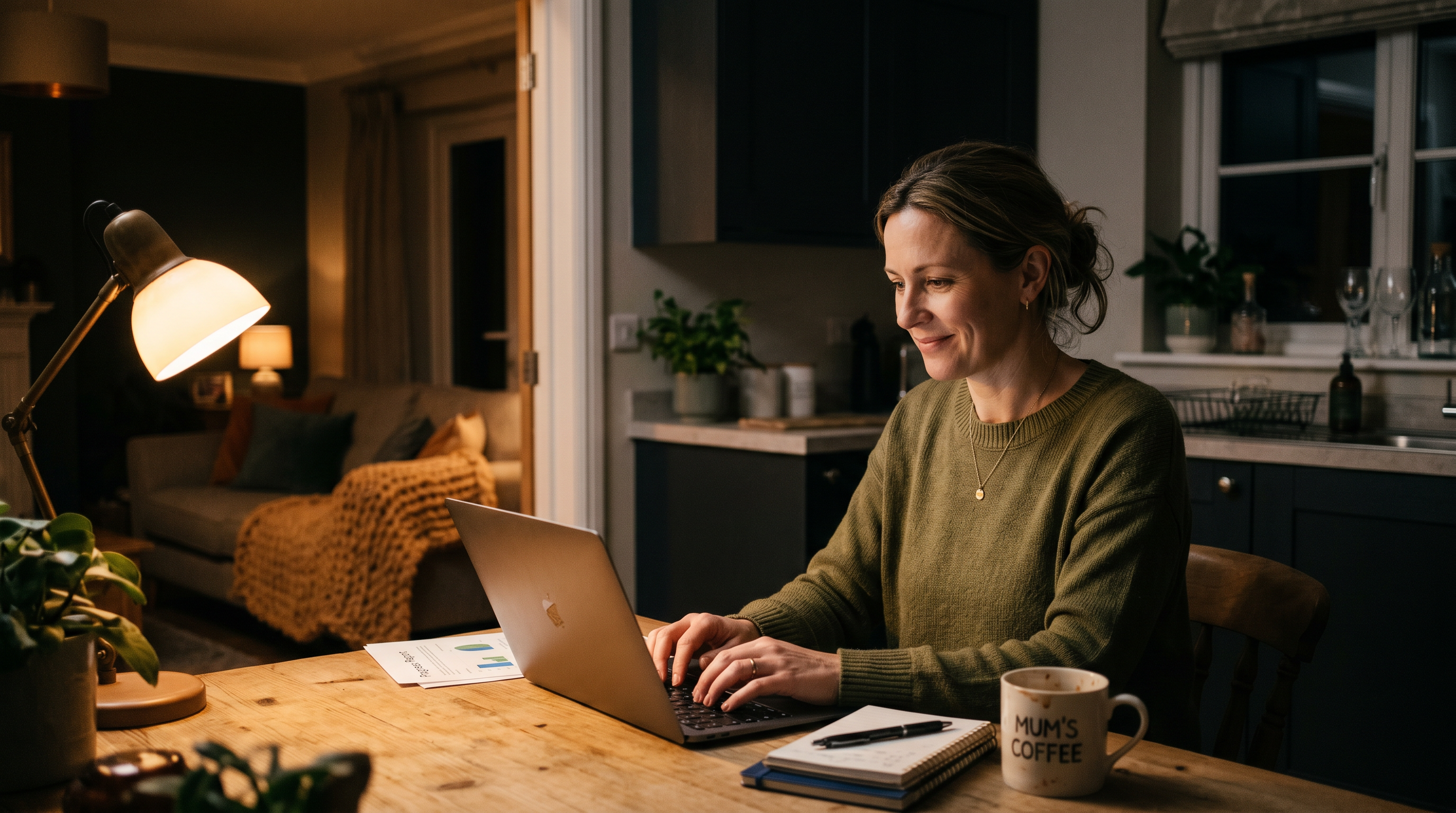 A mother calmly working on her laptop at home late at night