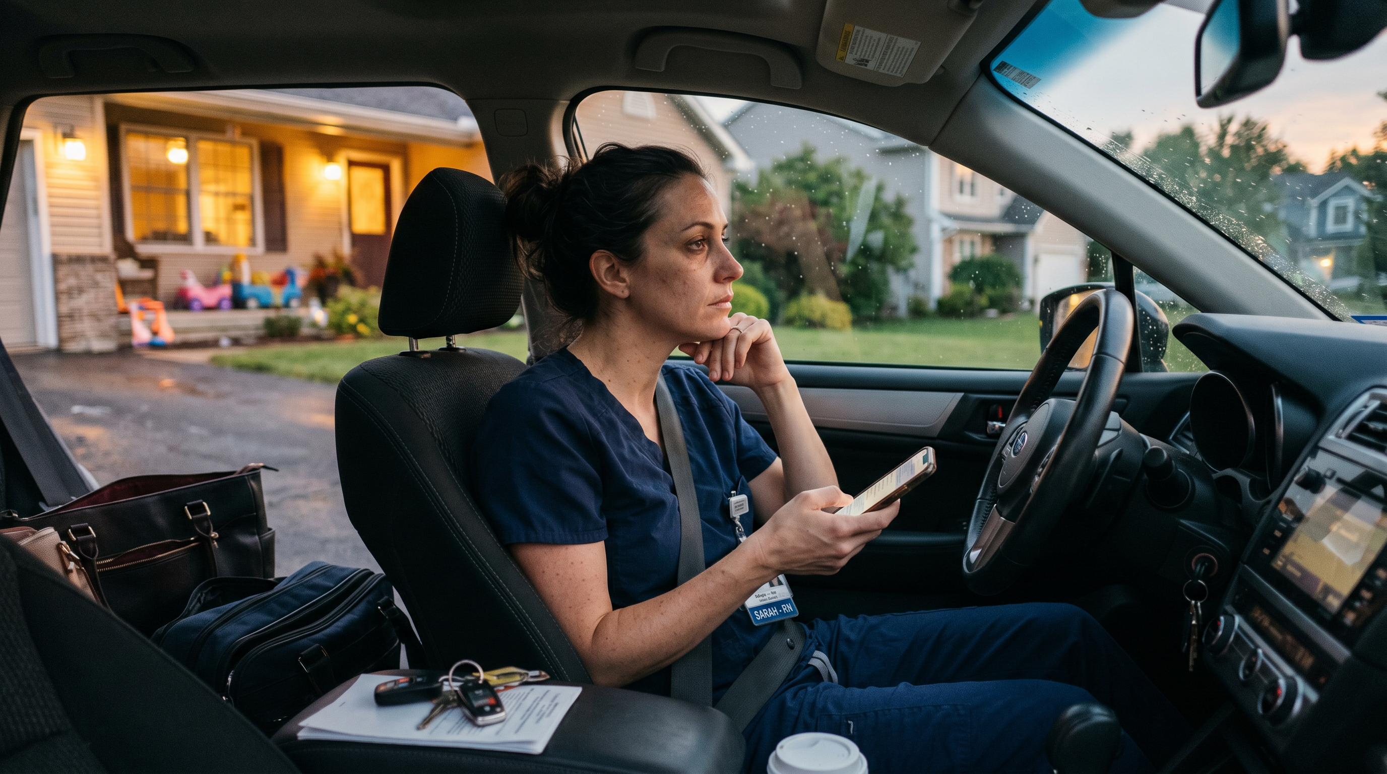 A tired but thoughtful worker sitting in their car after a long shift