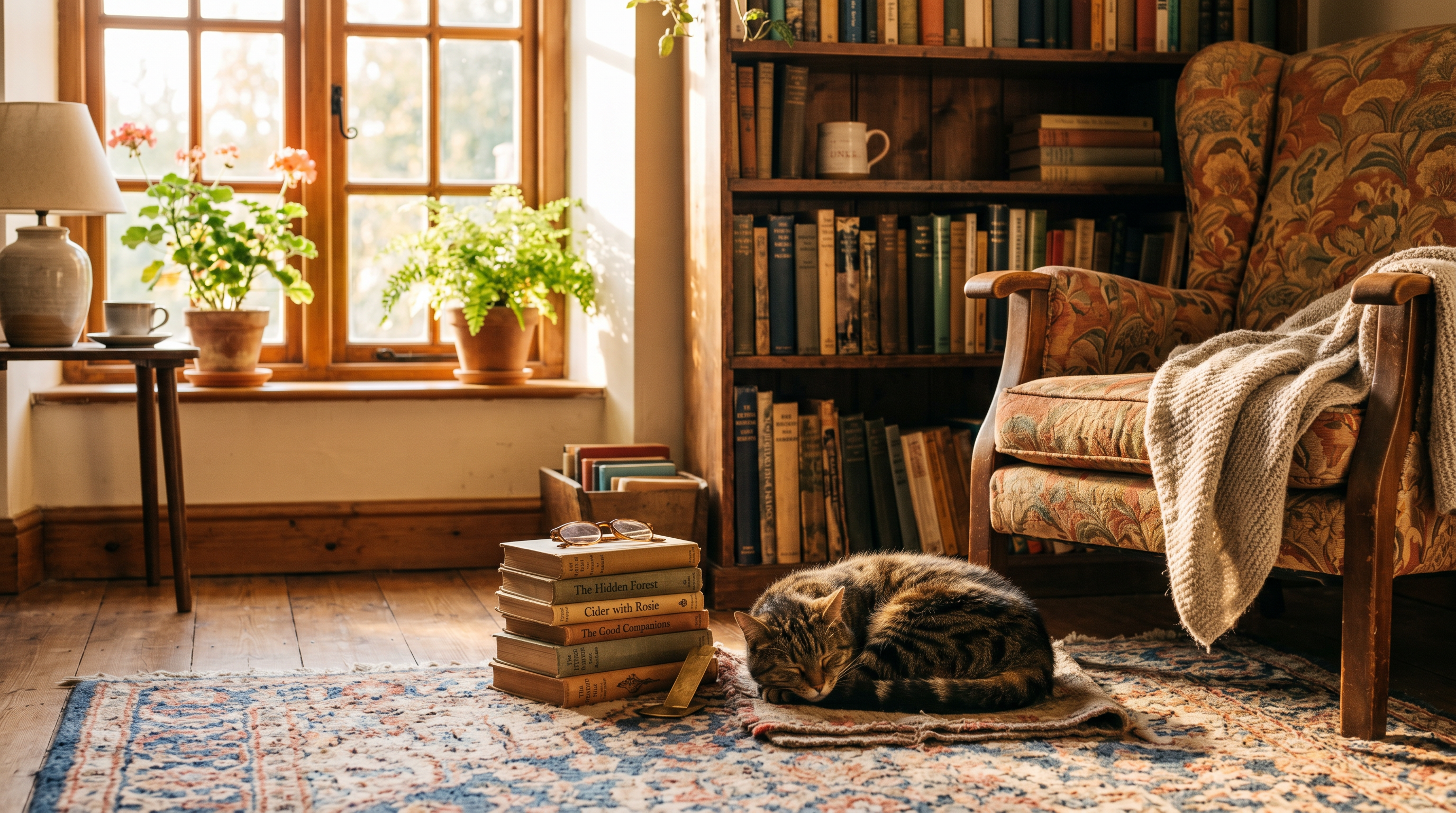 A cozy scene with a cat and books