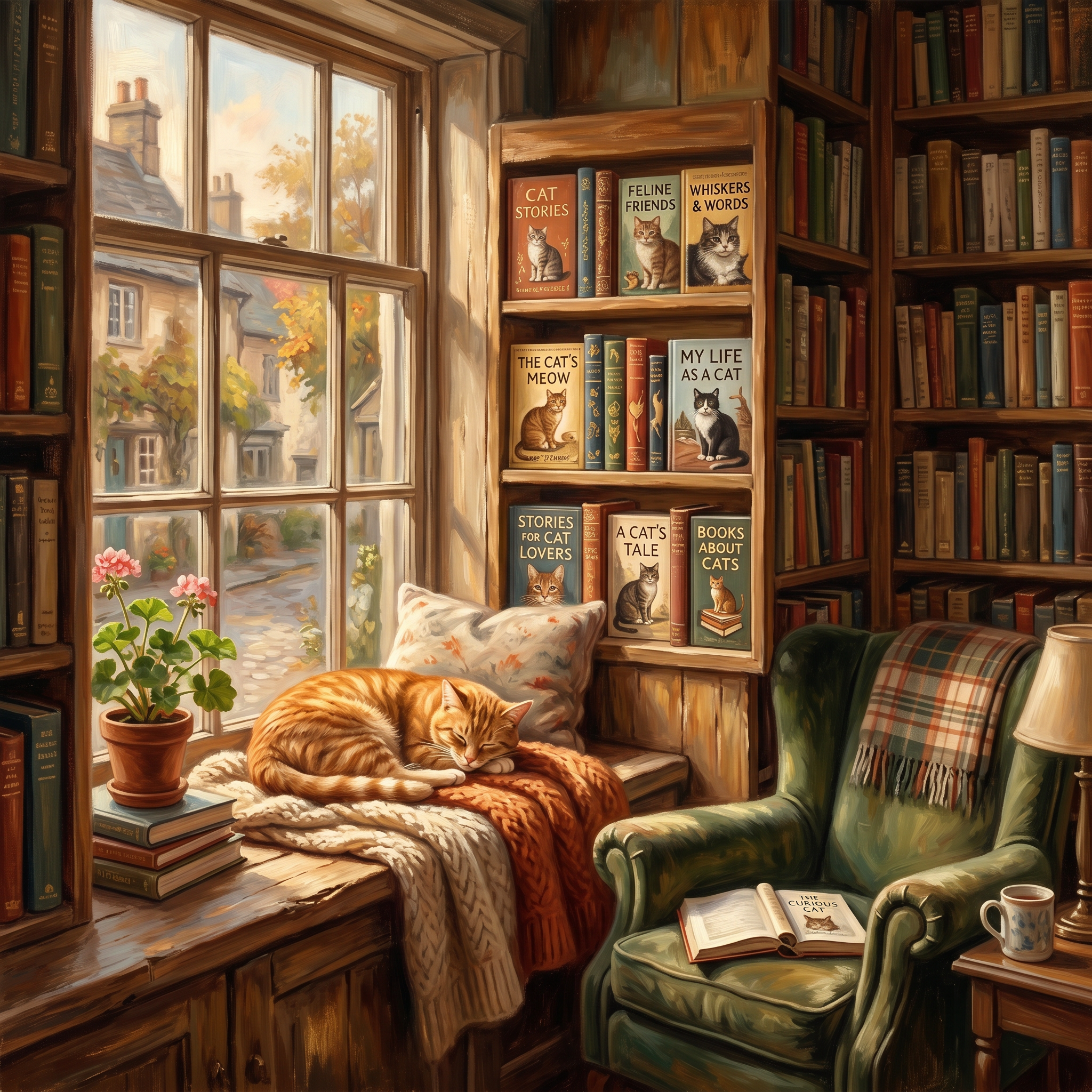 A cozy bookstore corner with a sleeping cat