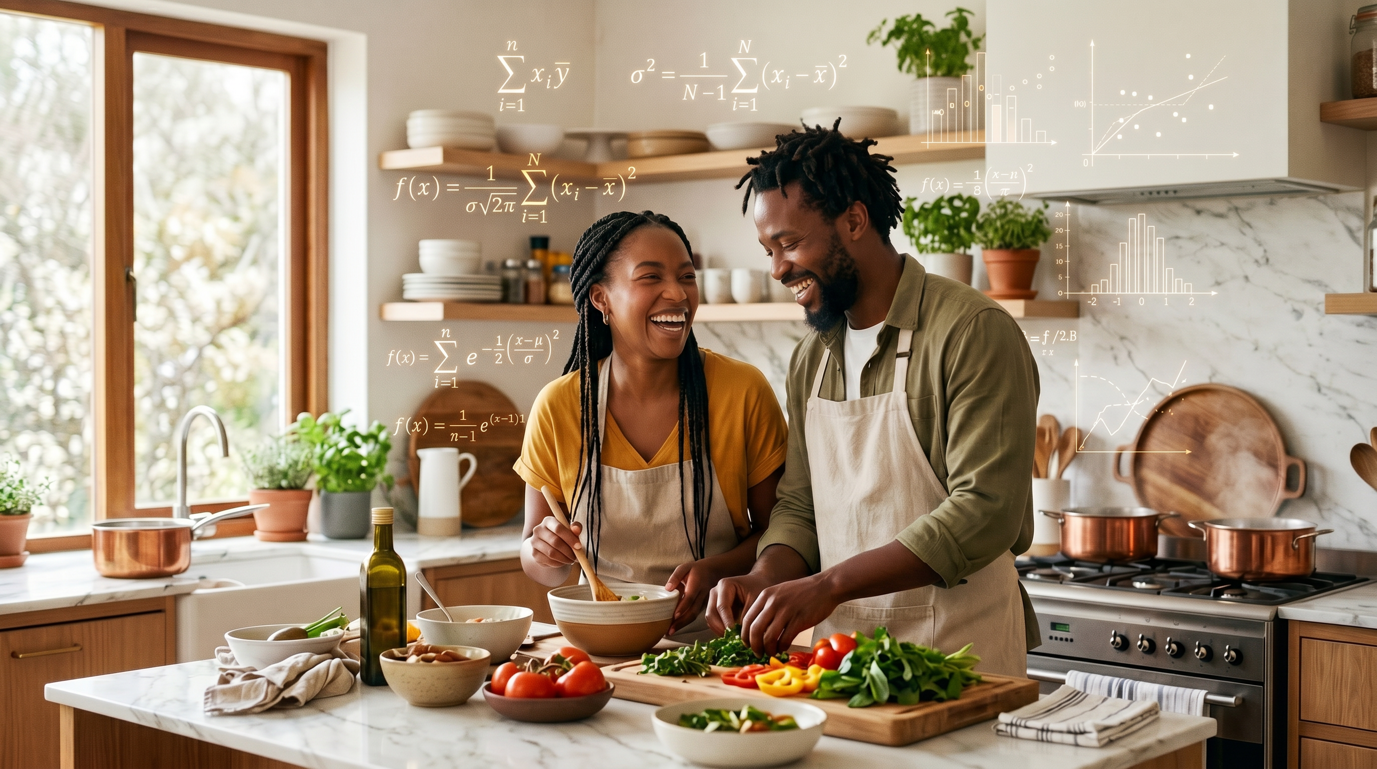 A happy couple cooking in a bright kitchen with white marble counters, overlaid with mathematical formulas representing the science and data of marriage