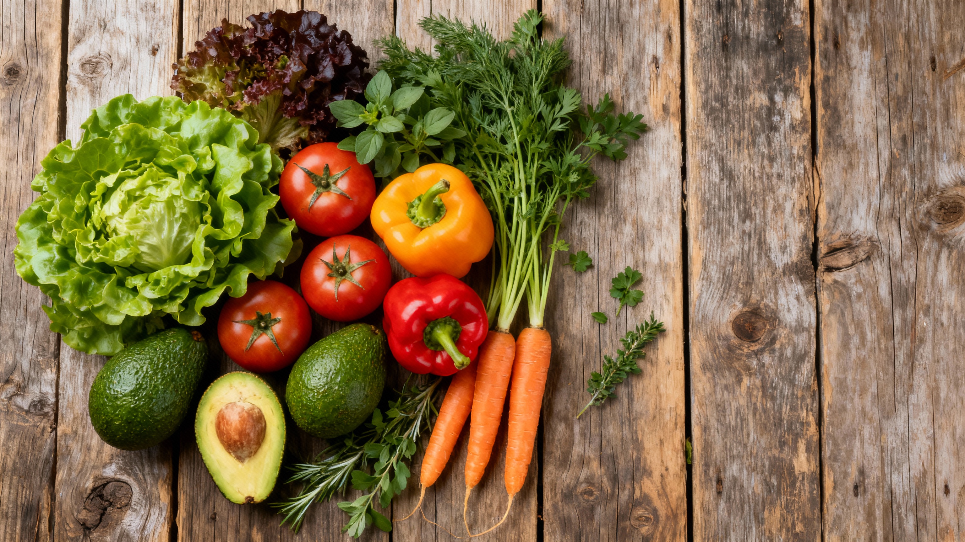 Fresh colorful vegetables and fruits arranged beautifully