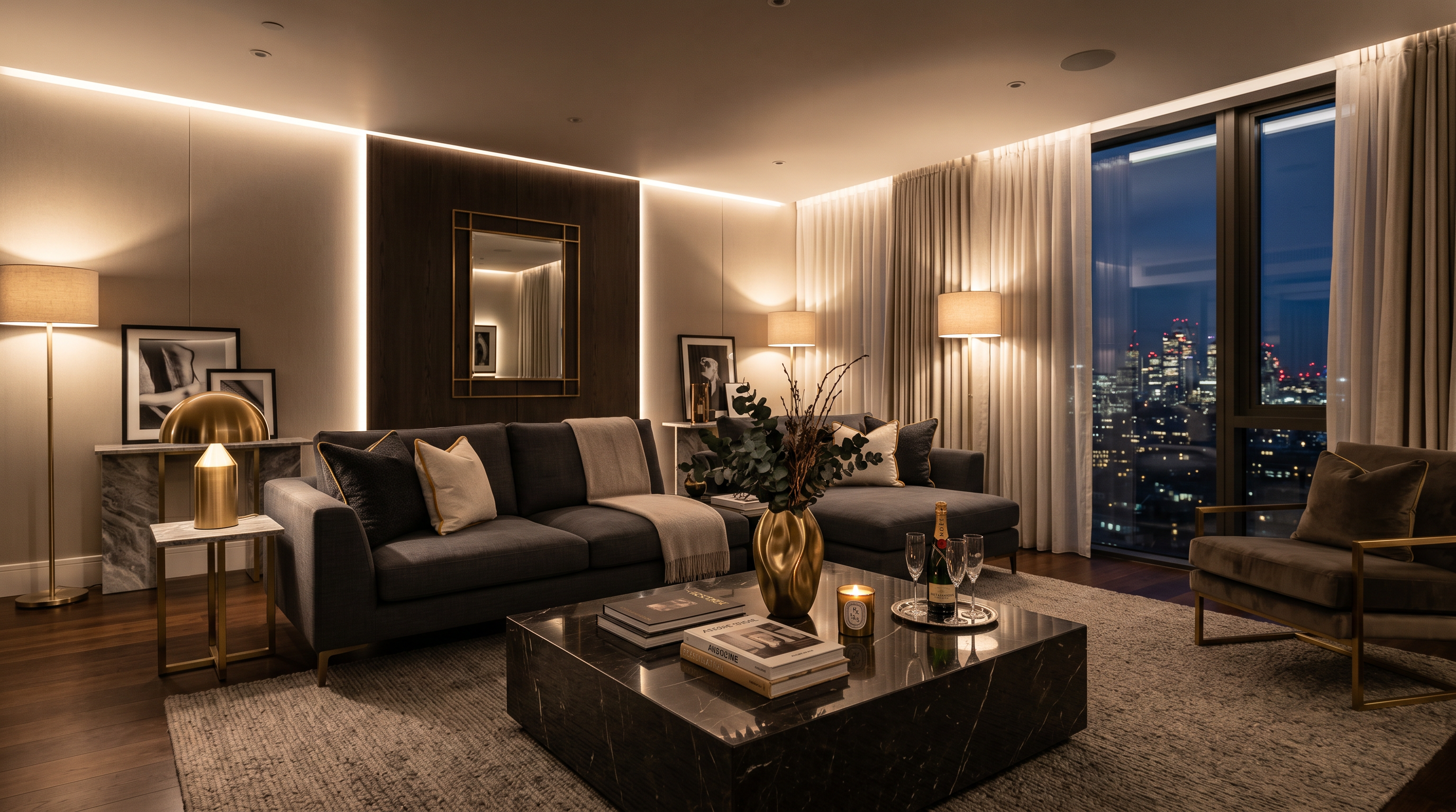 Luxury modern staging living room with gold accents