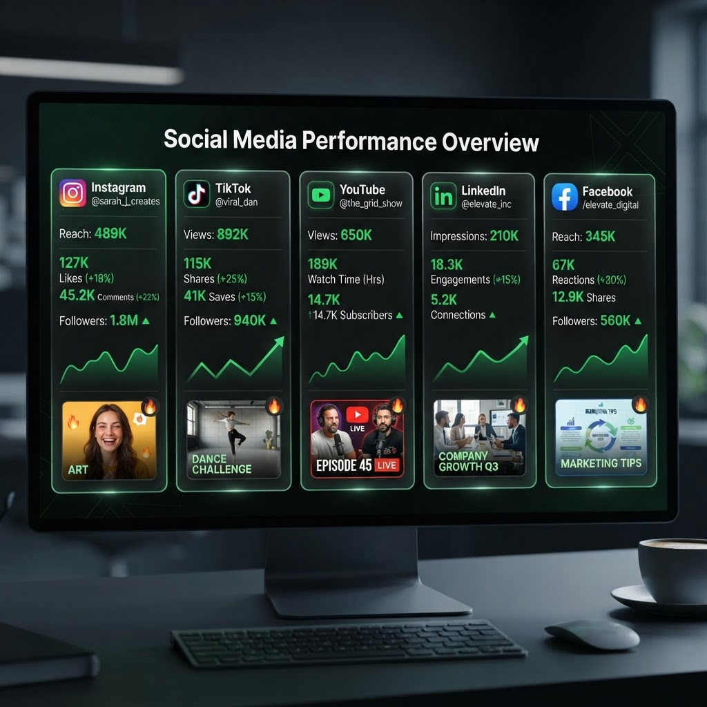 Social media accounts showing high engagement with thousands of likes, comments, and views across multiple platforms