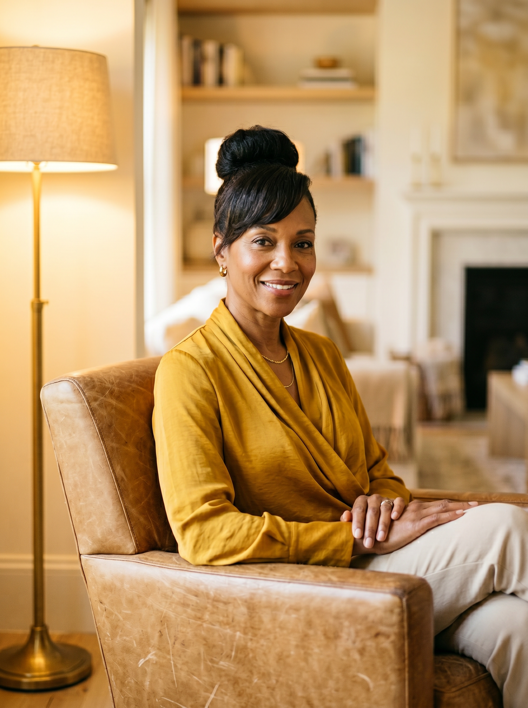 Elegant woman in mustard blouse seated in tan leather armchair facing right, warm golden lamp light on the left
