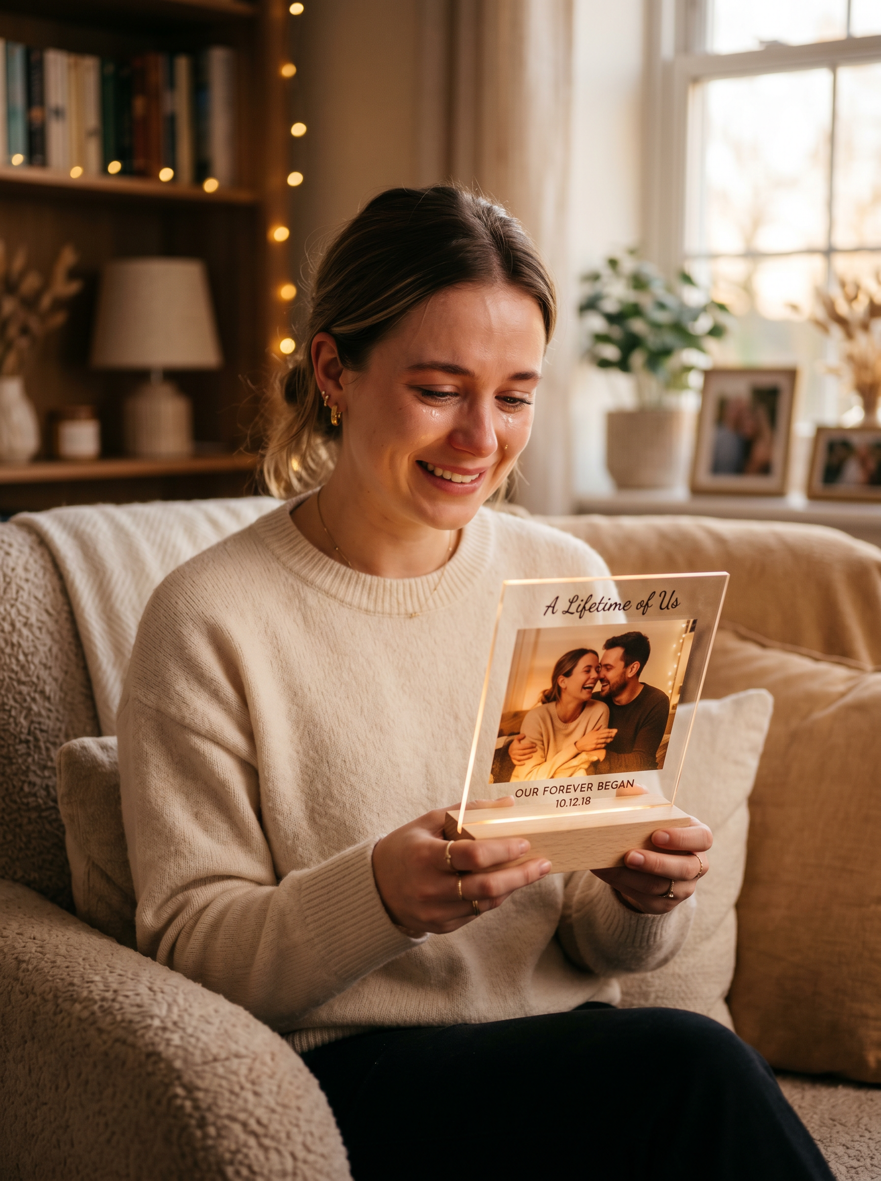 Woman holding a glowing Memory Moment acrylic plaque with happy tears, experiencing a deeply meaningful personalized gift