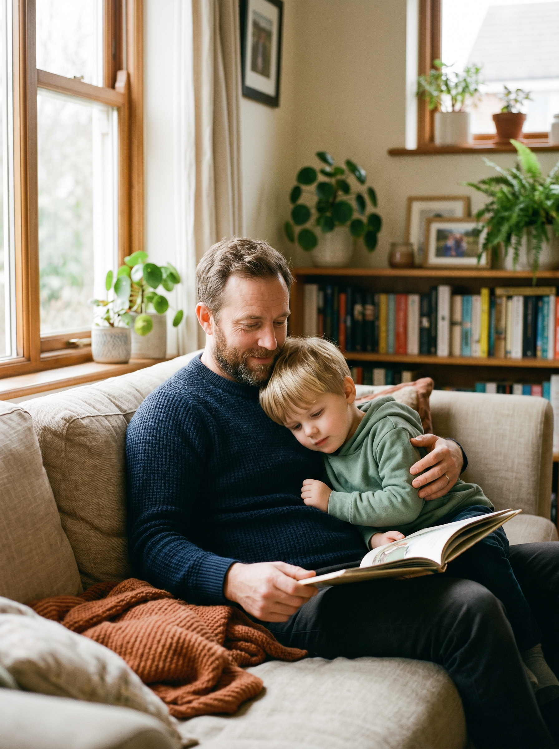 A peaceful parent and child in a calm home