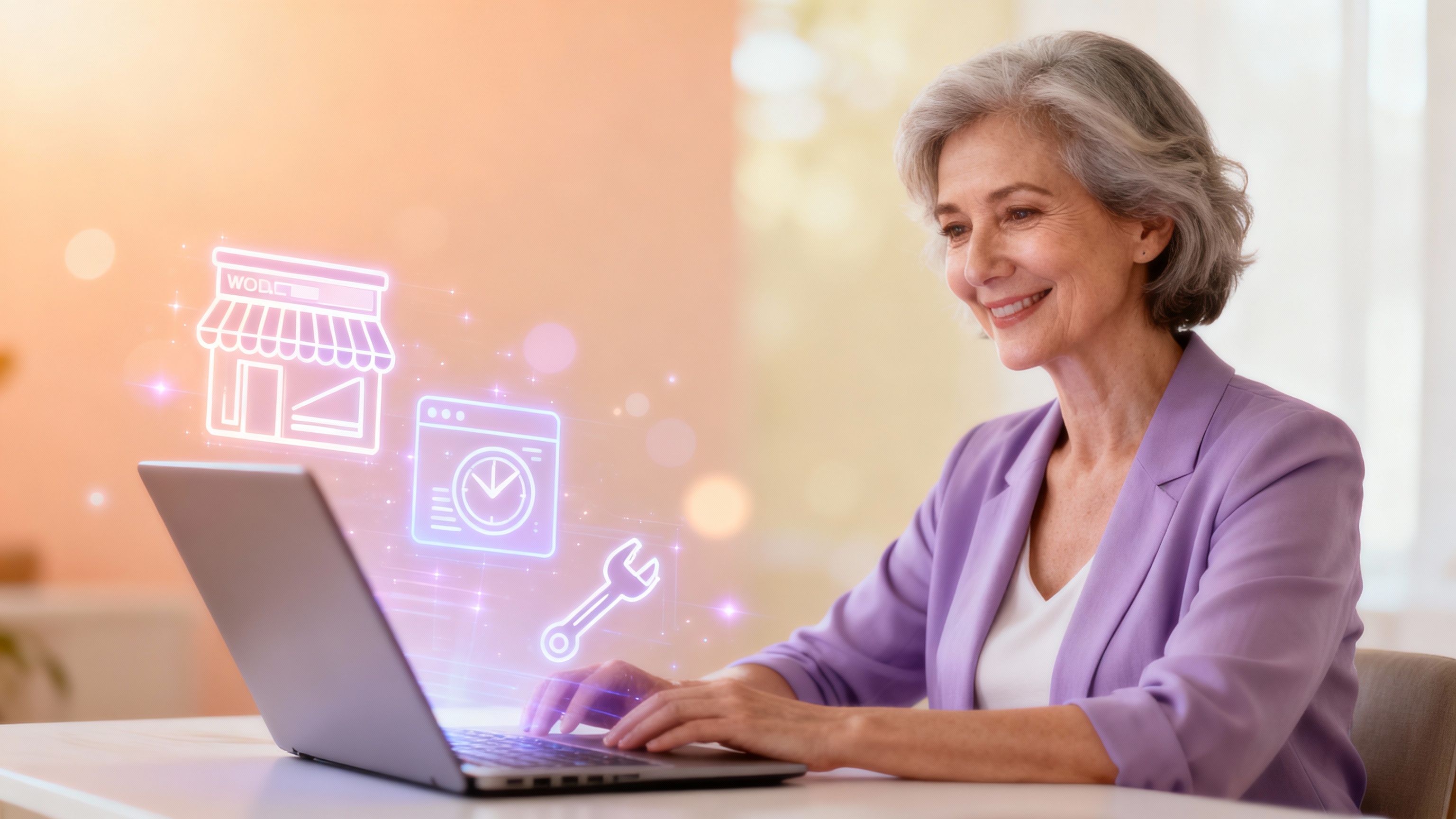 Confident woman working on laptop building her business with Buildy