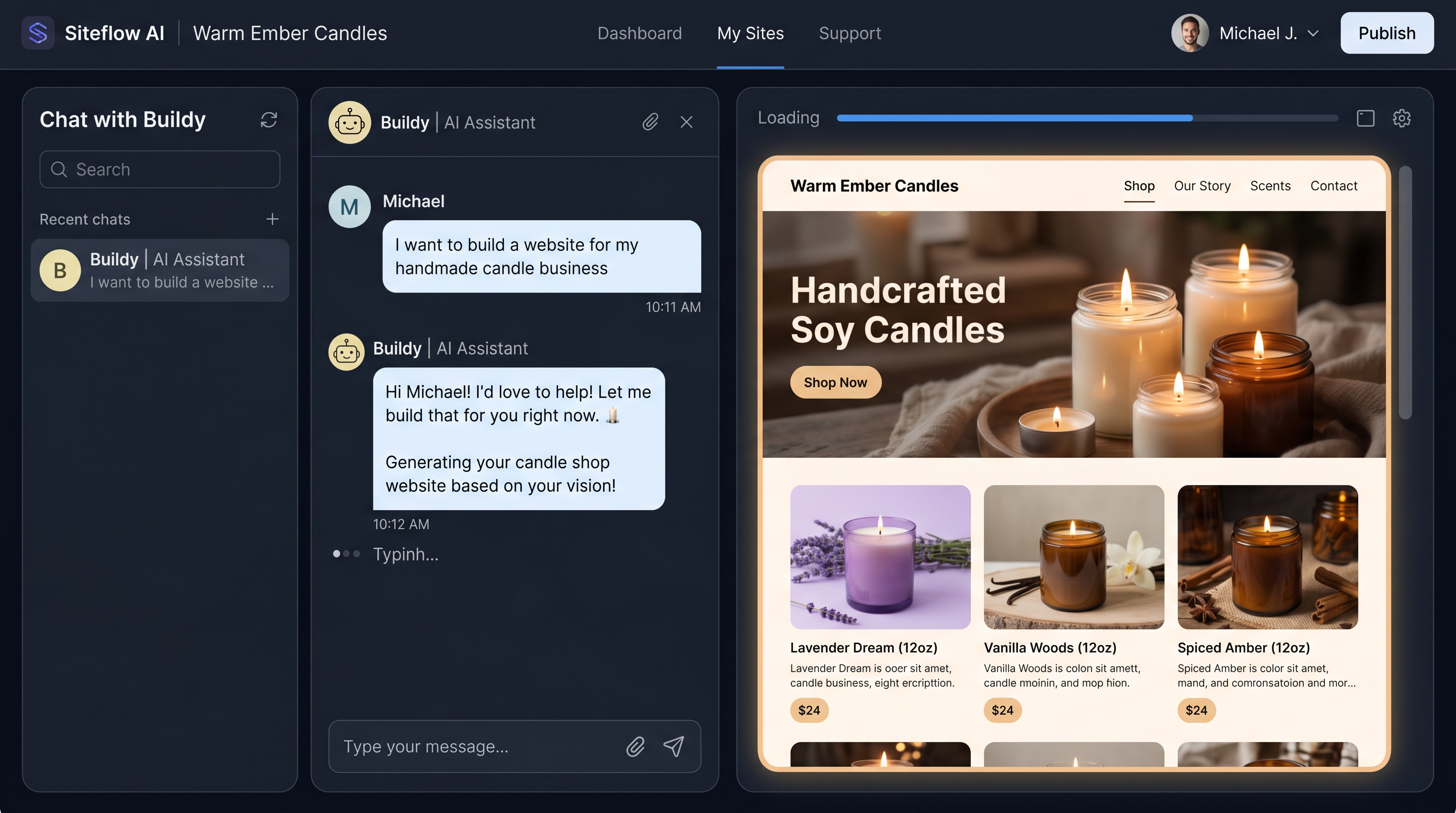 Buildy dark workspace showing a chat beside a live website preview