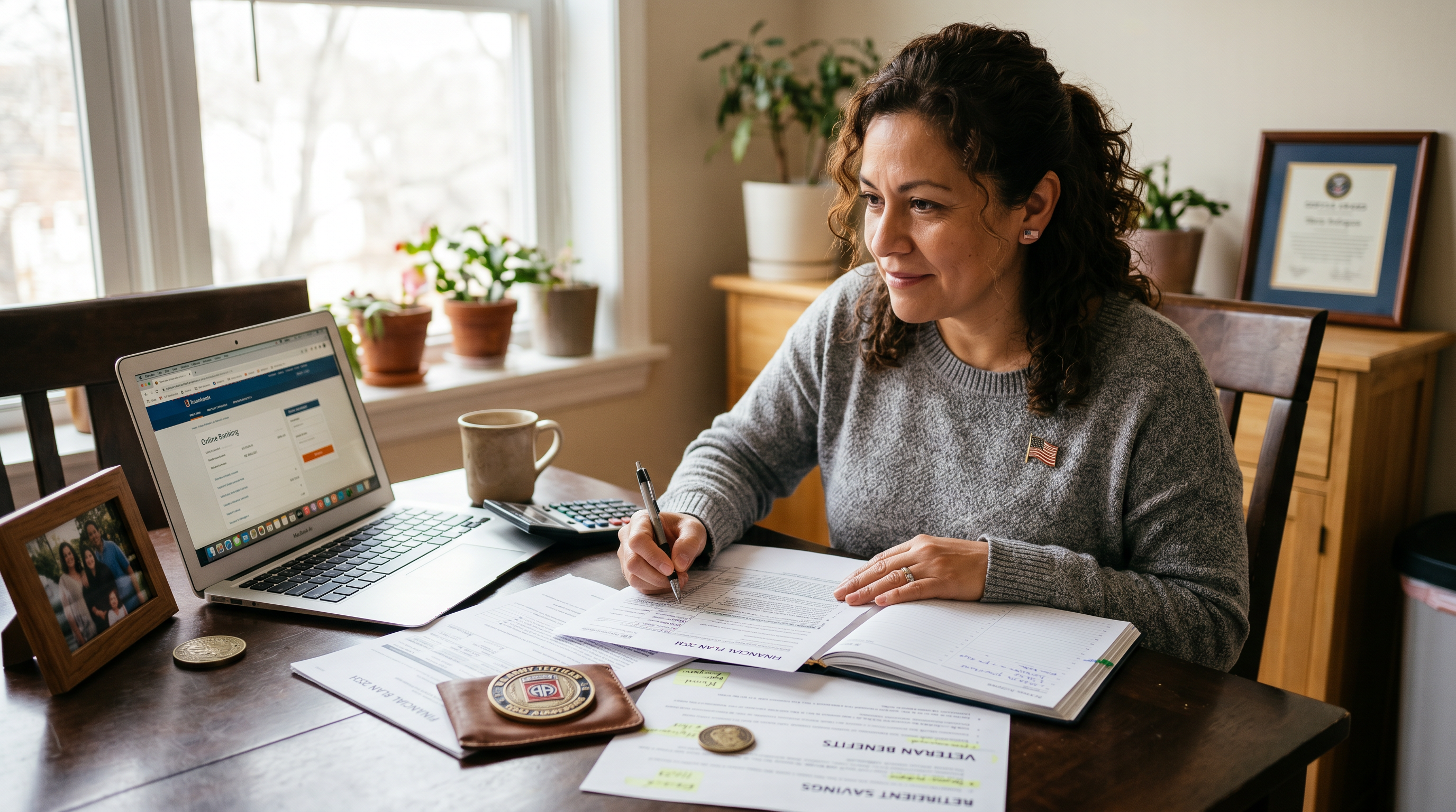 US military veteran reviewing financial documents at home