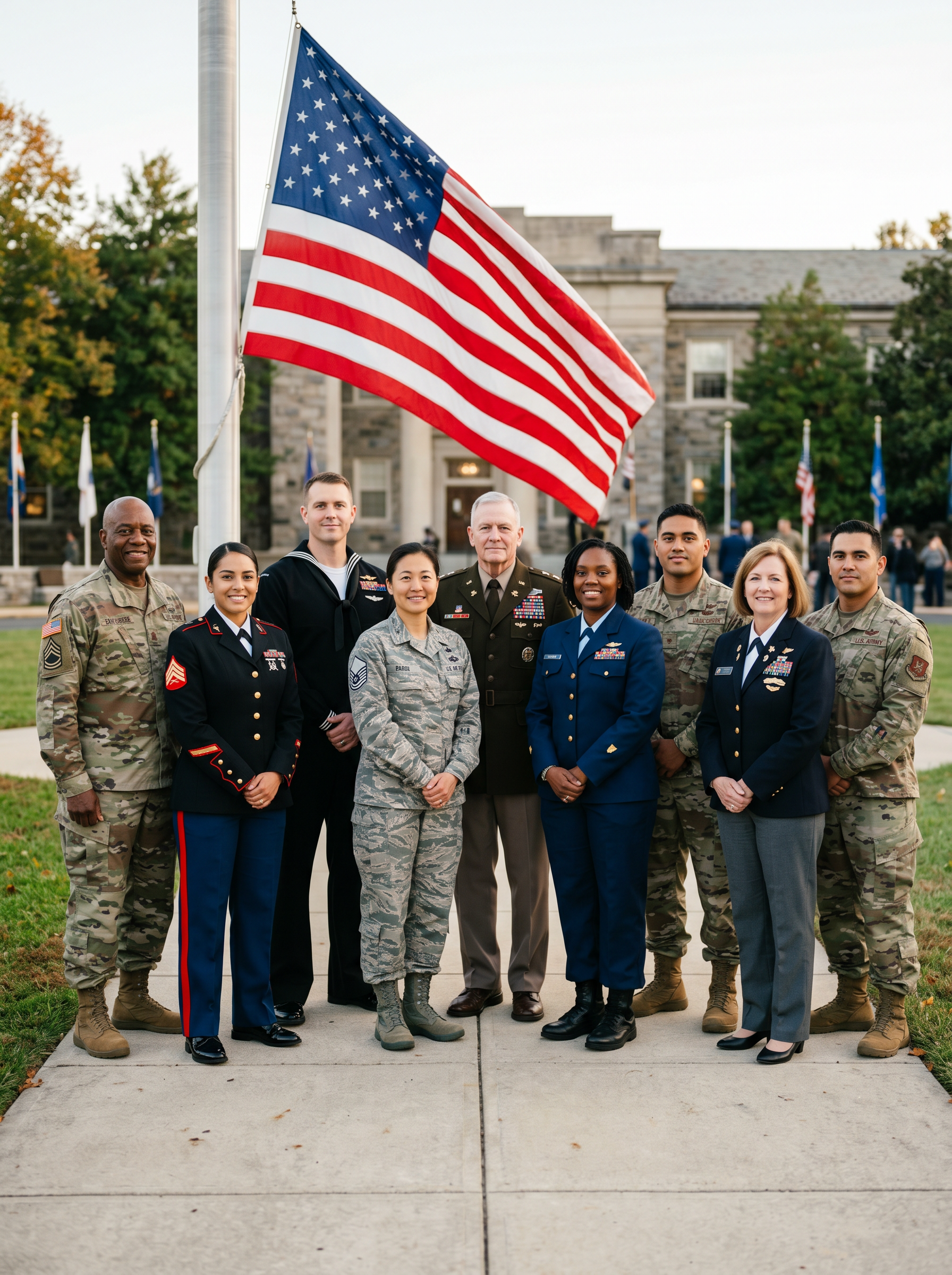Diverse group of US military veterans from all branches — men and women, multiple ethnicities, both enlisted and officers