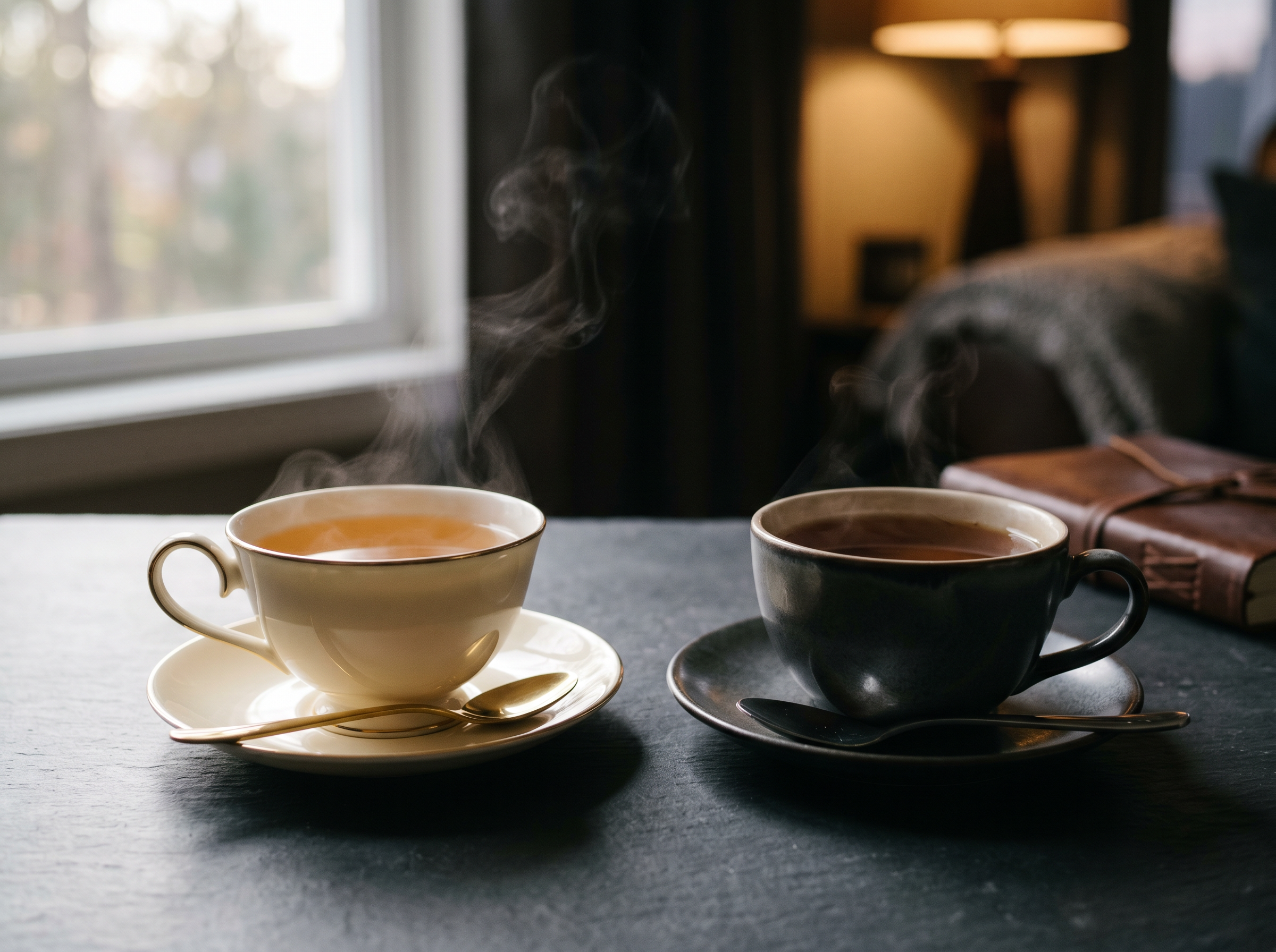 Two elegant teacups on a minimalist dark surface representing day and night blends